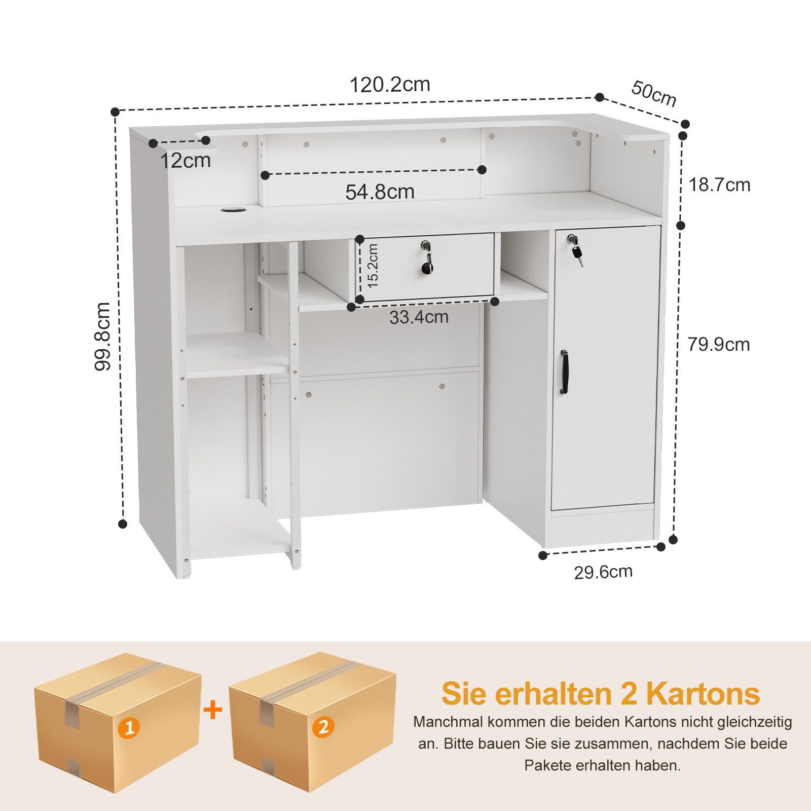TWSOUL Empfangstheke mit LED, abschließbaren Schubladen und Einlegeböden, 120cm Weiß, Rezeptionstheke für Büro, Salon, Geschäft oder Café
