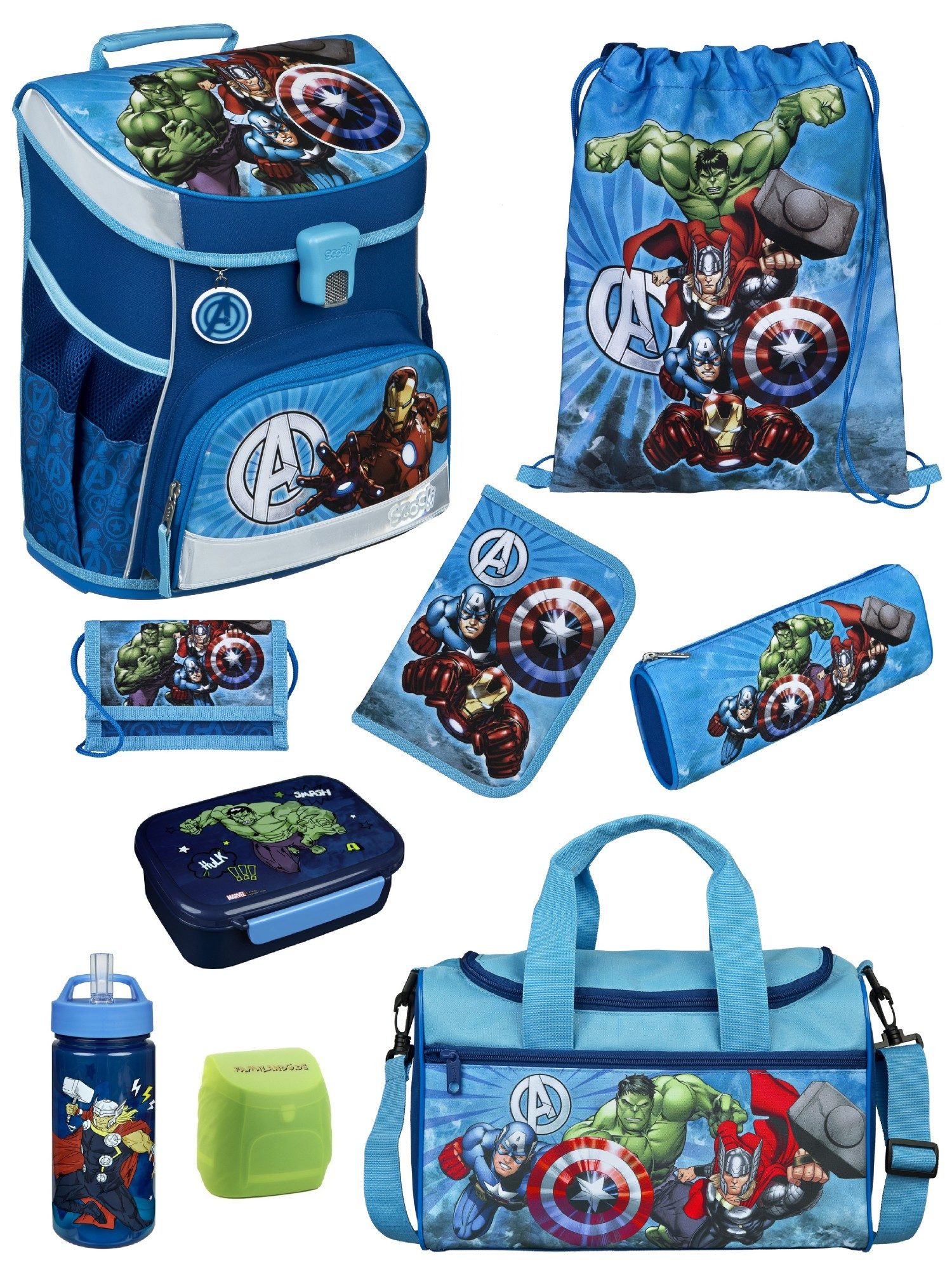 Scooli Schulranzen Campus Fit Avengers Schultasche, ab 1. Klasse, 980 Gramm, 18L Fassung (Erweitertes Set, 9-tlg., mit Lunch-Set und Sporttasche), leicht, ergonomisch, robust