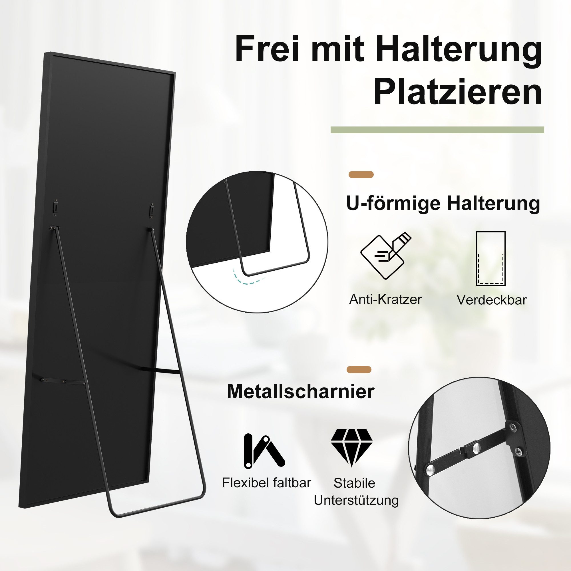 FUROKOY Ganzkörperspiegel Standspiegel Wandspiegel,stehend oder wandmontiert mit Metallrahmen, verstärktem Glas,Rechteck,Schwarz,164 x 54 cm