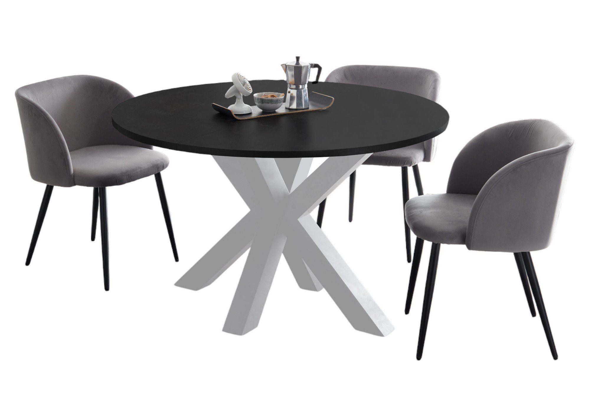 58 aufm Kessel Esstisch Rund ausziehbar Edda 10 Ø 110 cm Küchentisch Weiß Matt/Schwarzstahl (inkl. Lieferung, Esszimmertisch), Esszimmertisch erweiterbar auf 150 cm 4-Fuß Gestell in Sternfom