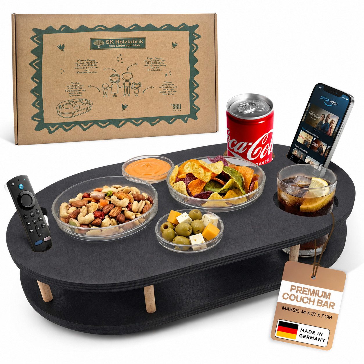 PEGSEN Servierplatte Couchbar Snackbox mit 4 Snackschalen Couch Tablett, Birkenholz, (Set, 5-tlg., 4x Glasschalen), Getränke & Snacks stehen stabil