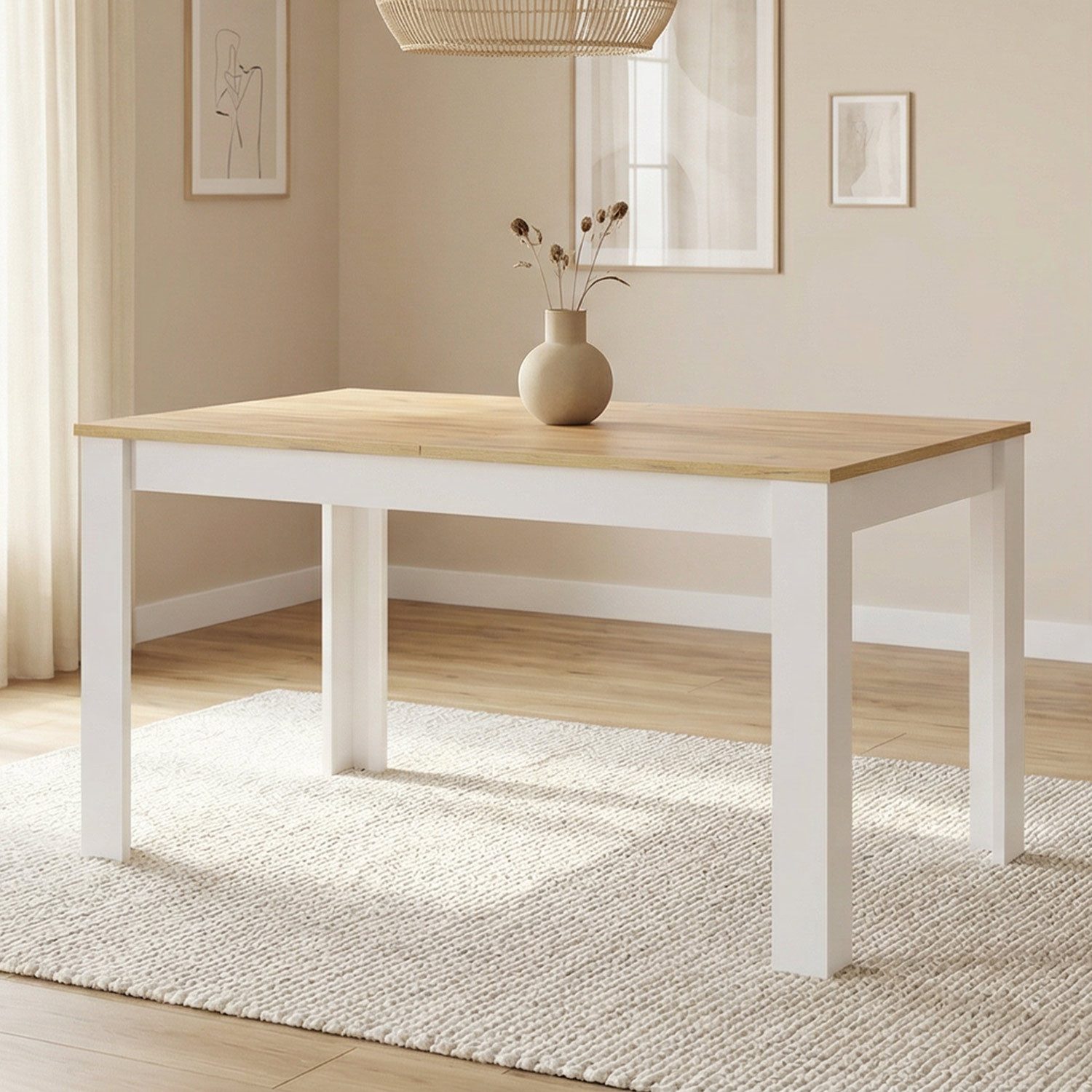 Homestyle4u Esstisch 86x135 bis 86x184 Esszimmertisch ausziehbar Holztisch Weiß Küchentisch, Platte Eiche Kraft Gold Optik