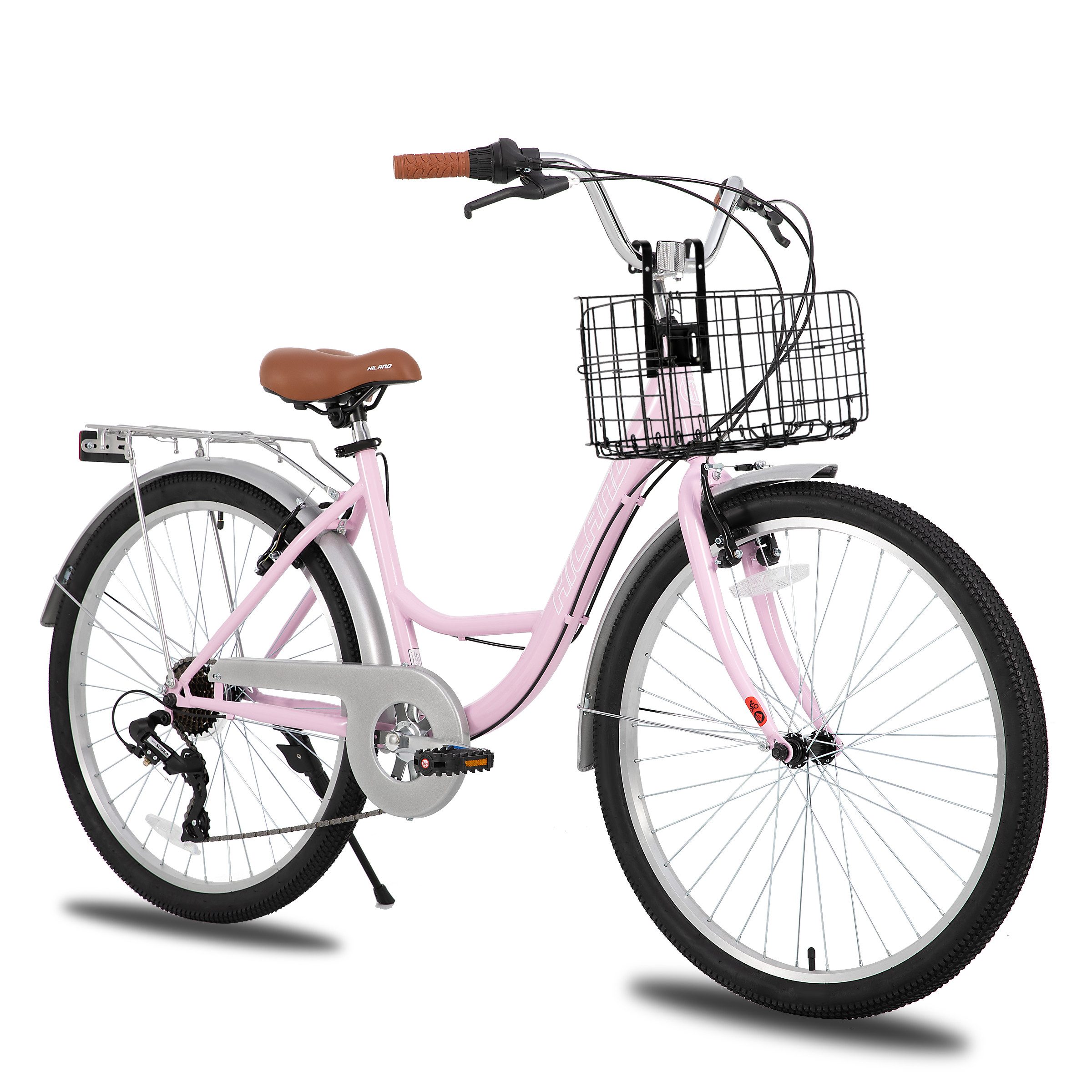 HILAND Cityrad 26 Zoll Pendlerfahrrad für Erwachsene, Herren und DamenHollandfahrrad, Step-Through Rahmen,mit Gepäckträger und Korb, Fender,7 Gang-Schaltung