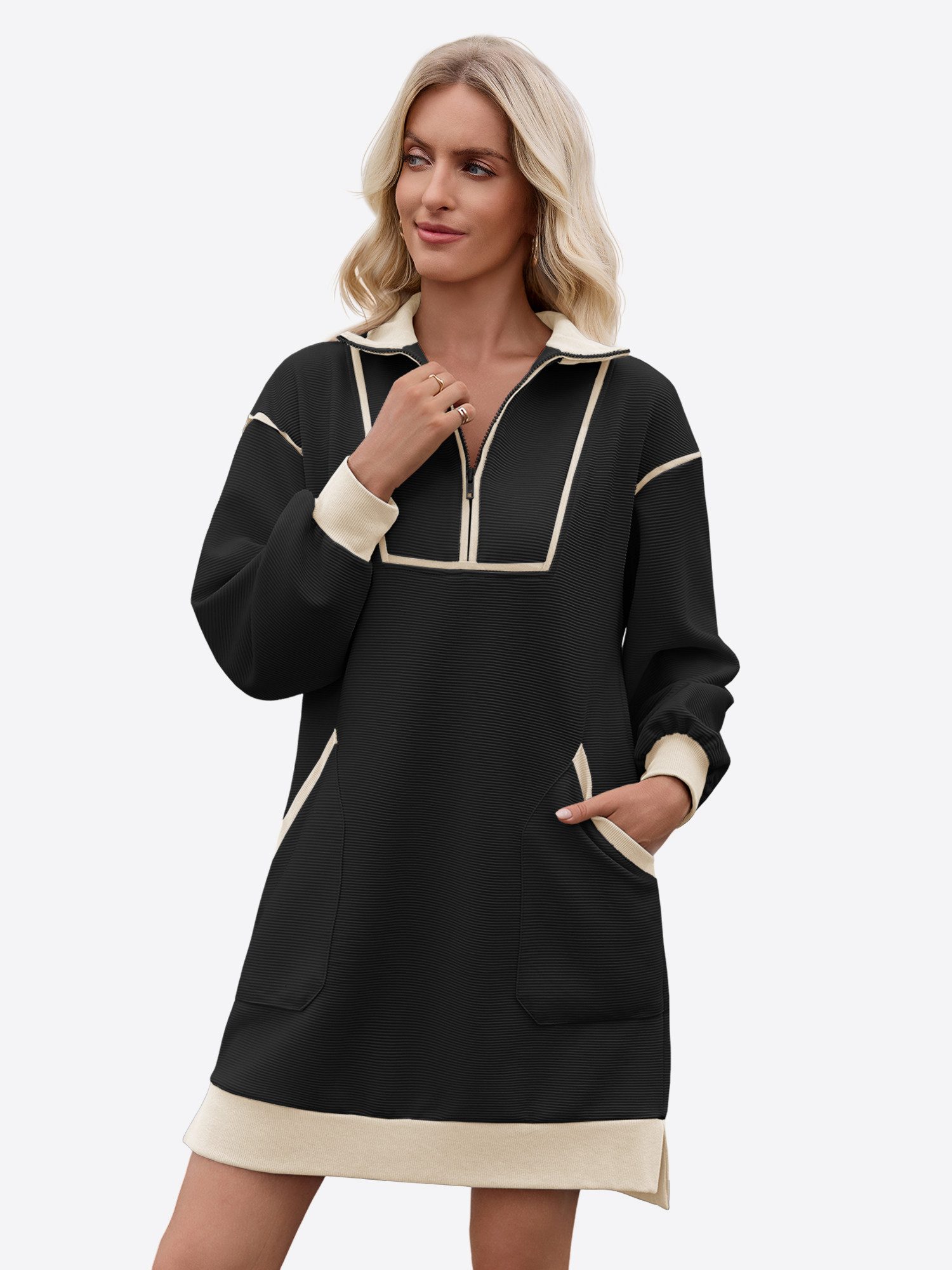 Imily Bela Minikleid Damen Langarm Lockerer Kleid mit V-Ausschnitt (Packung, 1-tlg., 1per-Pack) mit Reißverschluss