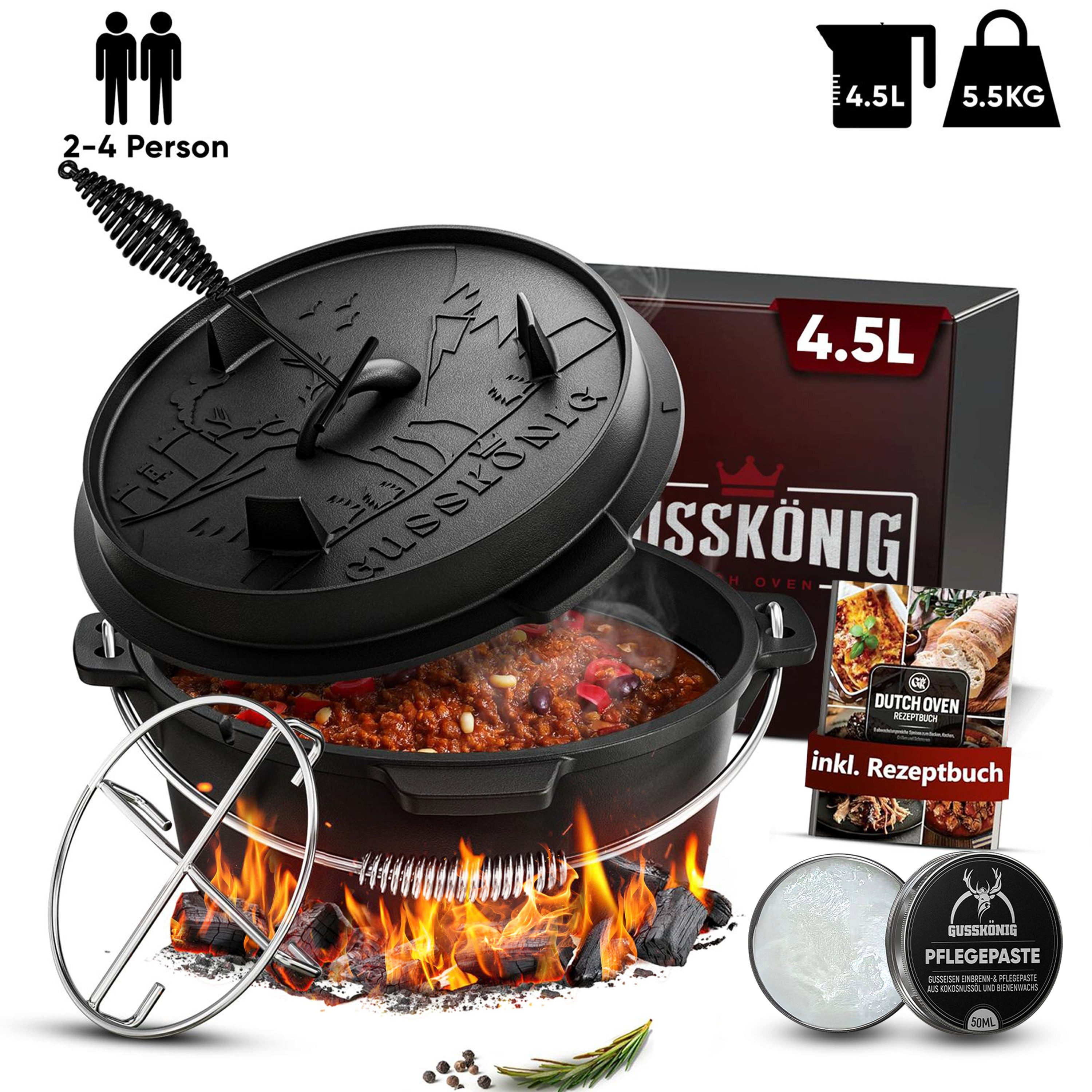 GUSSKÖNIG Schmortopf GUSSKÖNIG Dutch Oven Klassisch Topf ohne Füßen 4,5L Set