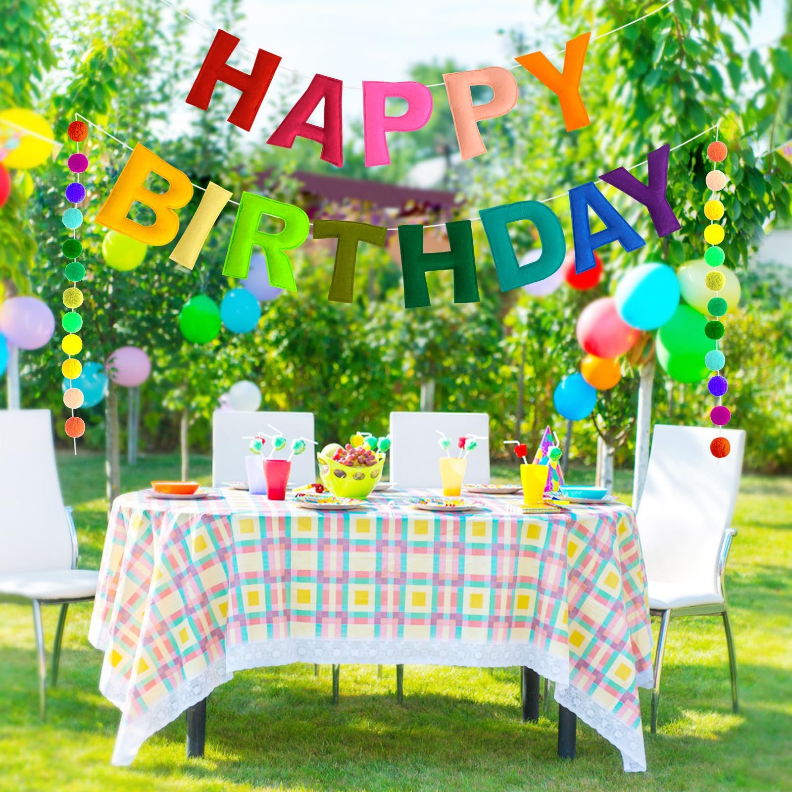 FOUORTUNATE-BEE Dekohänger Geburtstagsdeko, Happy Birthday Banner, Party Dekoration (Wiederverwendbare Wimpelkette mit Buchstaben & Filzkugeln, für Geburtstags Party deko)