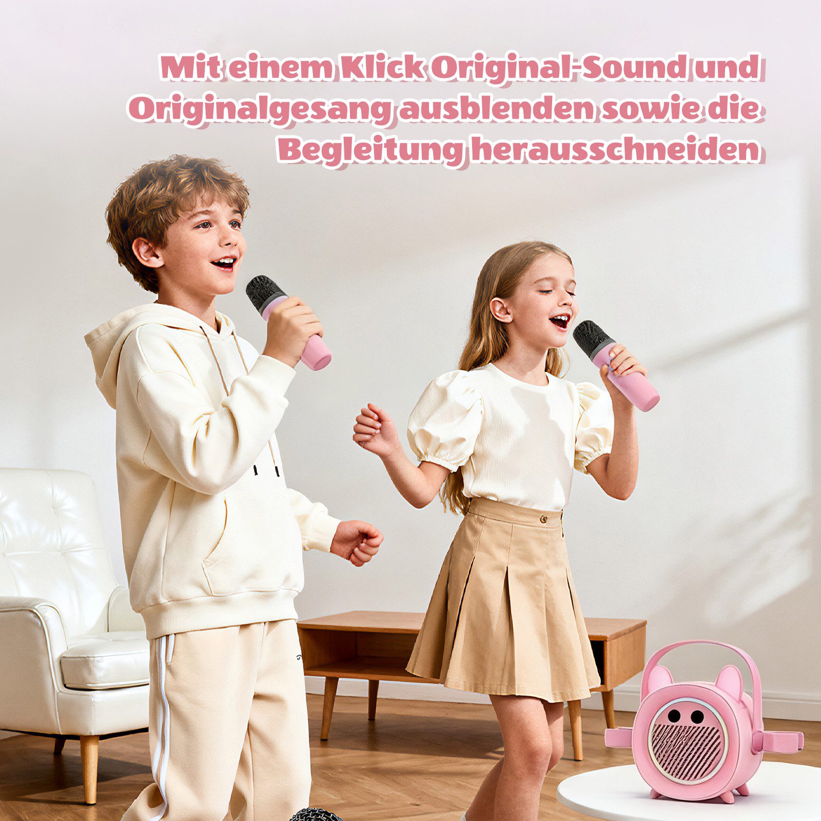 BBG Karaoke Box für Kinder mit 2 kabellosen Mikrofonen Karaoke-Maschine (5 W, Tragbar mit Bluetooth, Licht & Stimmeneffekten, Aufnahme)