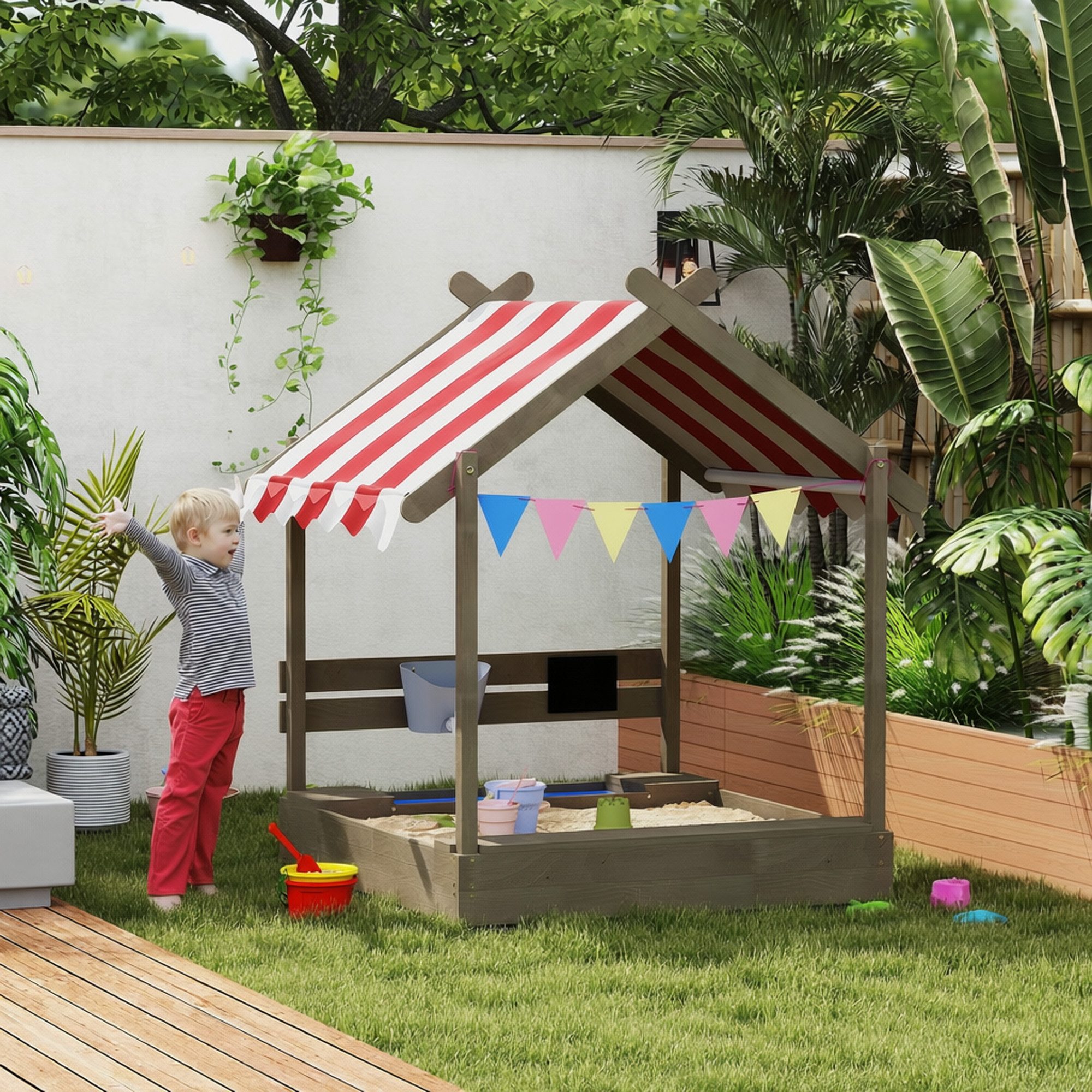 Outsunny Sandkasten Sandkiste mit Dach, aus Holz mit Sitzplatz, Garten, grau, (Spielhaus, 1-tlg., Sandbox mit Tafel), für 3-7 Jahre Kinder, 124 x 116 x 146 cm