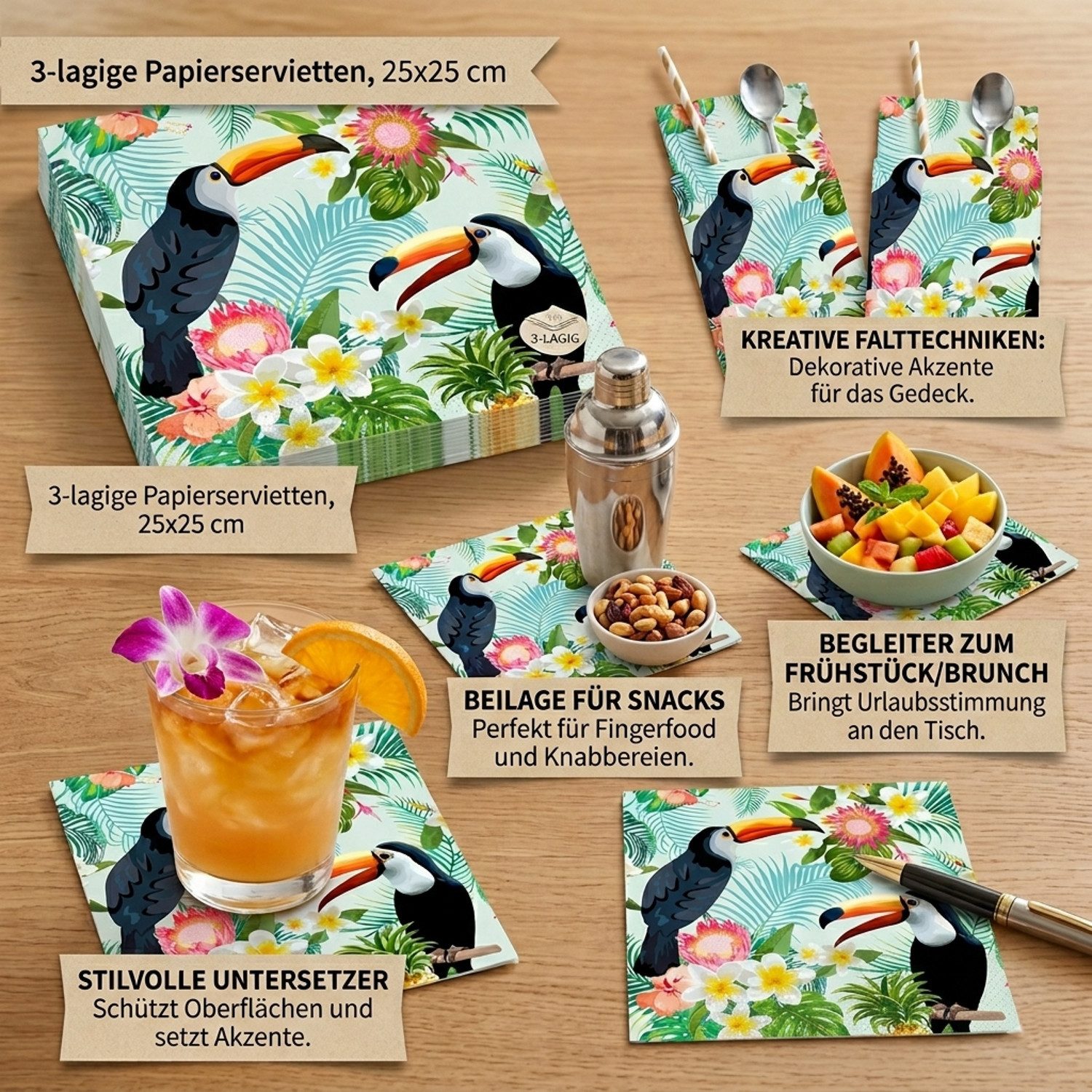Macosa Home Papierserviette Set 40 Stk. 25 x 25 cm Motiv Tukan bunt Papier Servietten, (Tiere Blumen grün, 40 St., Partyservietten Sommer Dschungel), Tischdeko Einwegservietten Cocktailservietten