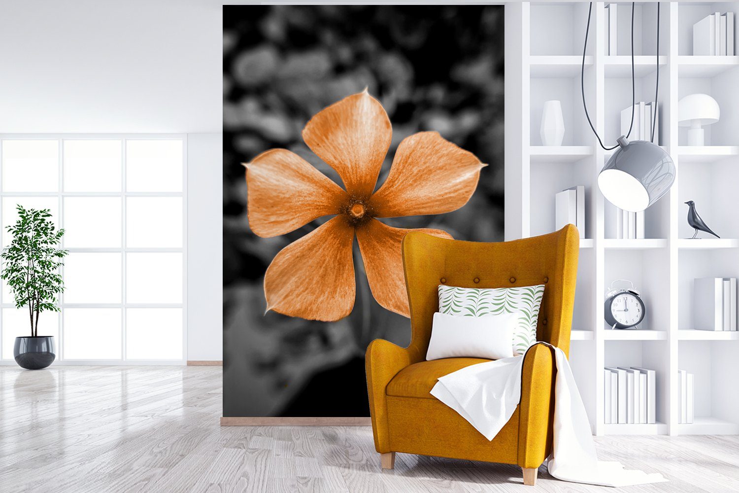 Matt, Wandtapete Orange bedruckt, Weiß, Vinyl Wohnzimmer, - Fototapete für Tapete St), - MuchoWow Blumen - Schwarz Montagefertig (3