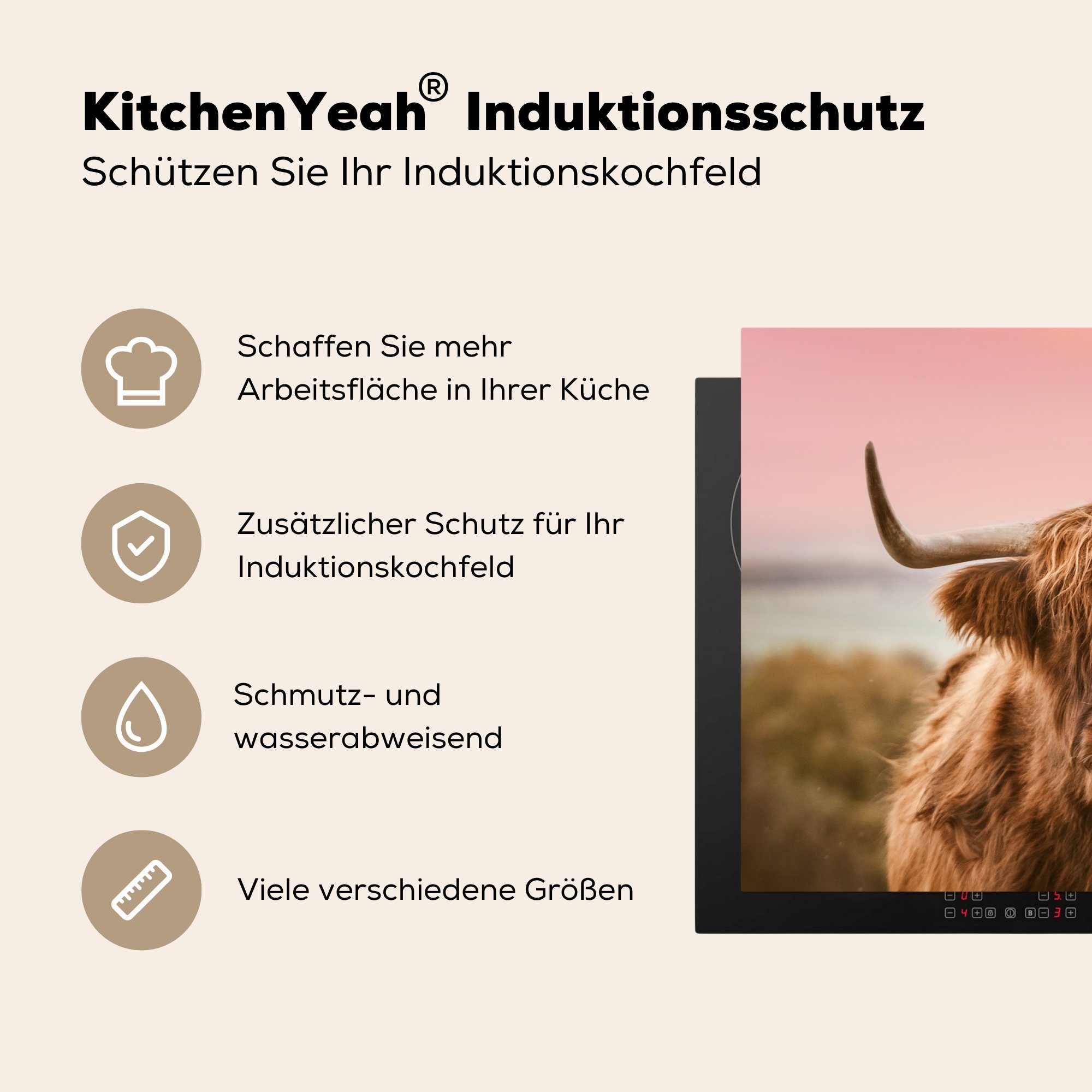 MuchoWow Herdblende-/Abdeckplatte - cm, - Schottischer Kuh Induktionskochfeld Vinyl, (1 für Schutz Ceranfeldabdeckung die 71x52 tlg), Horizont, Highlander küche