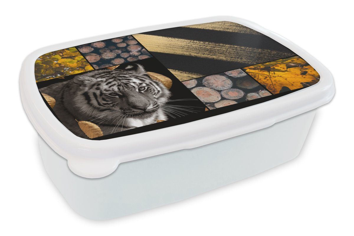 MuchoWow Lunchbox Tiger - Gold - Holz - Collage, Kunststoff, (2-tlg), Brotbox für Kinder und Erwachsene, Brotdose, für Jungs und Mädchen weiß