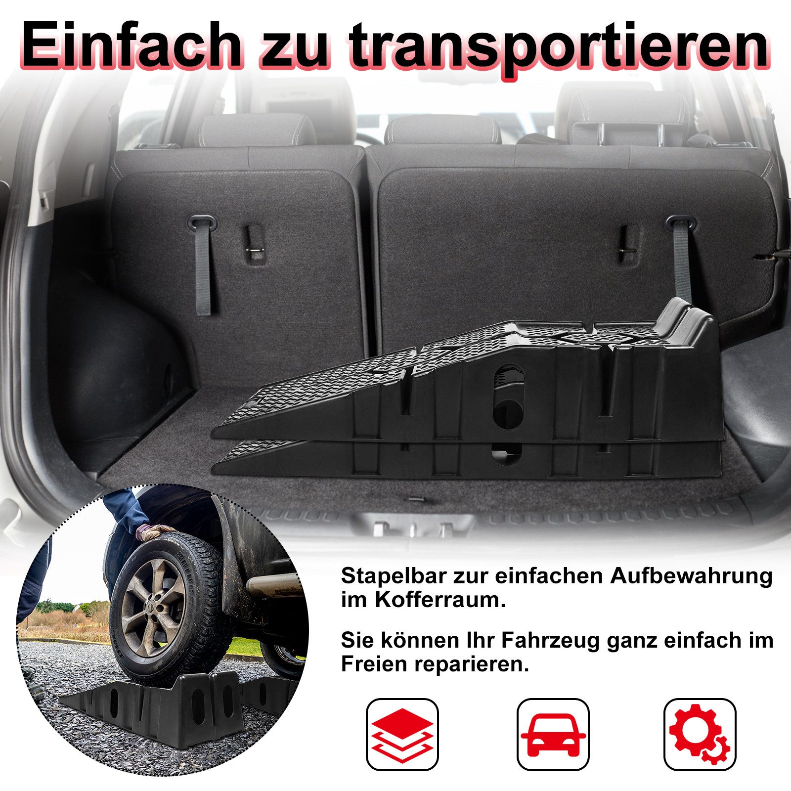 FIVMEN Auffahrrampe Kunststoff KFZ Rampe Set Auffahrt Plattform Hebebühne bis 2.5 Tonnen (2er Set), für Schwerere Fahrzeuge Pkw Auto