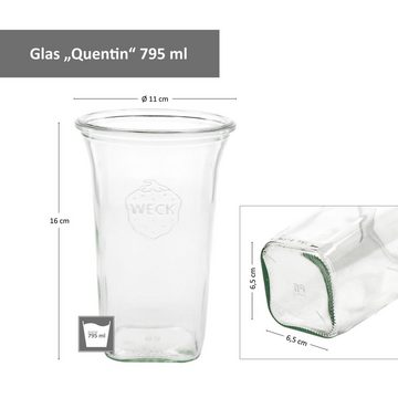 MamboCat Einmachglas 9er Set Weck Quentin 795 ml + 9 Frischhaltedeckel mit Rezeptheft, Glas