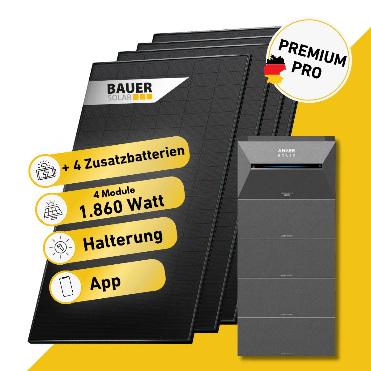 Balkonkraftwerk PREMIUM Pro 1860 Watt Solaranlage mit Speicher Komplettset Bifazial
