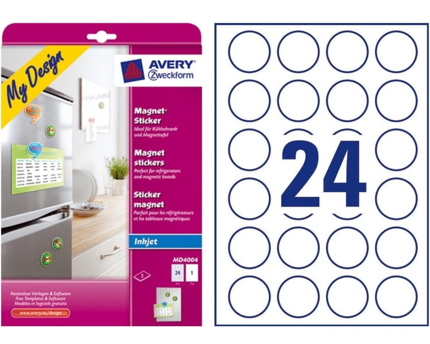 Avery Zweckform Etiketten Kühlschrank-Magnete Magnet-Sticker bedruckbar, Magnete bedruckbar 24x Stück 1x A4 Magnet Bogen Aufkleber Whiteboard