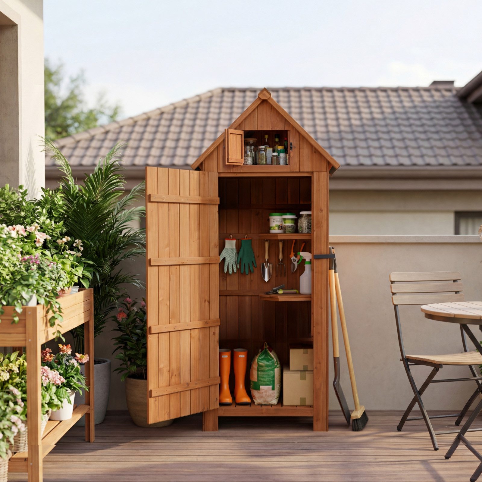 HOMAVO Gerätehaus Gartenschrank Werkzeugschrank Geräteschuppen Holzhäuschen, Outdoor-Schrank, Satteldach, mit 3 Einlegeböden, 77*54.3*179 cm