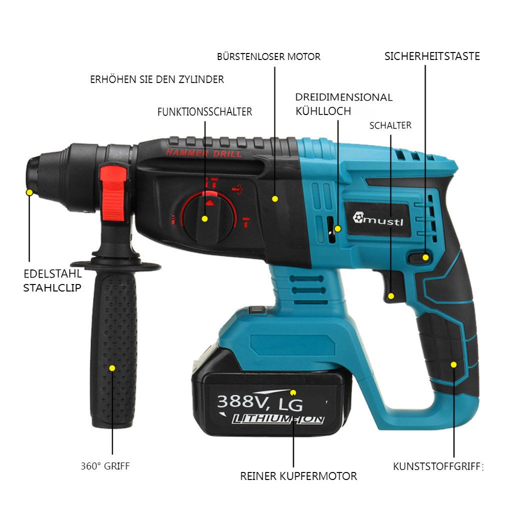 AUDEW Akku-Bohrschrauber 4 in1 Professional Elektrowerkzeug-Set inkl. Bohrhammer, (125mm Winkelschleifer, Akku-Bohrmaschine, Schraubenschlüssel), mit 2 Akkus Set