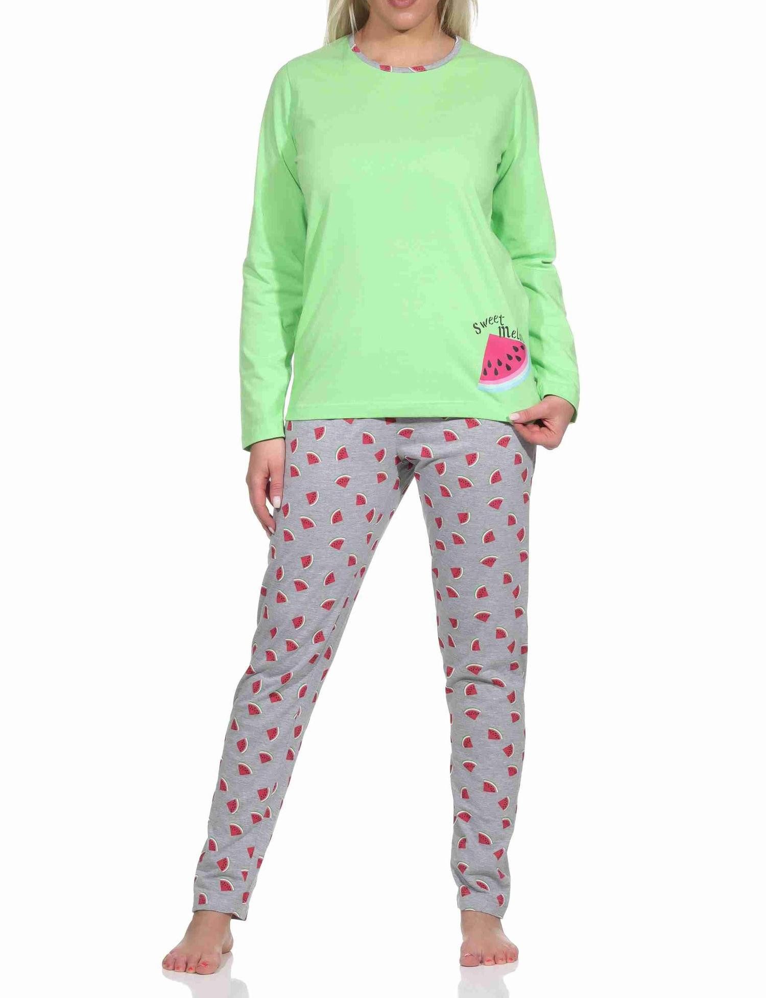 Pyjama Damen Schlafanzug lang mit Melone als Motiv, Hose allover bedruckt