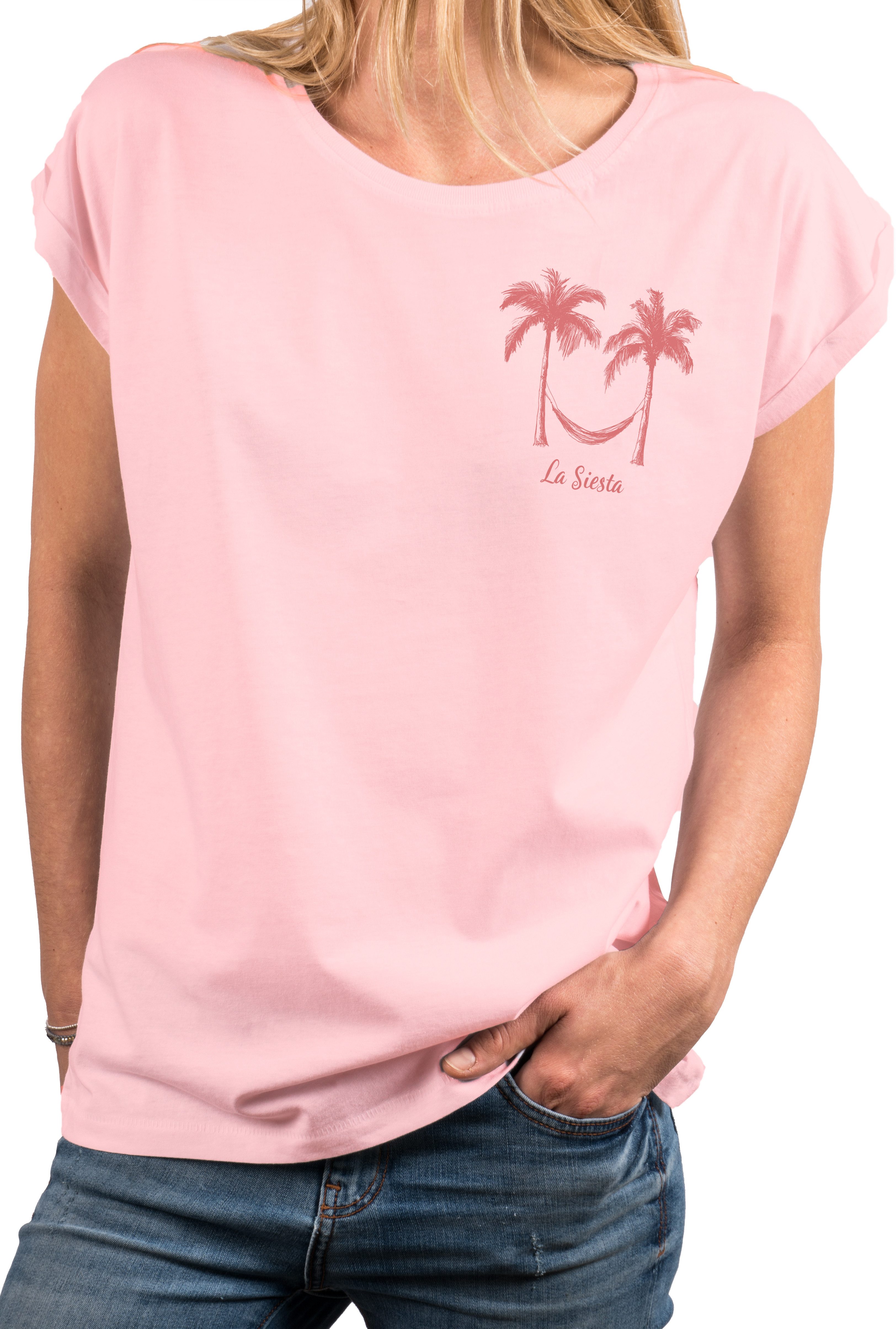 MAKAYA T-Shirt Sommerliches Damen-Top im Boho-Stil mit Palmen und Hängematte (Schwarz, Blau, Grau, Weiß, Rosa, XS, S, M, L, XL, XXL, 3XL, 4XL, 5XL) Baumwolle