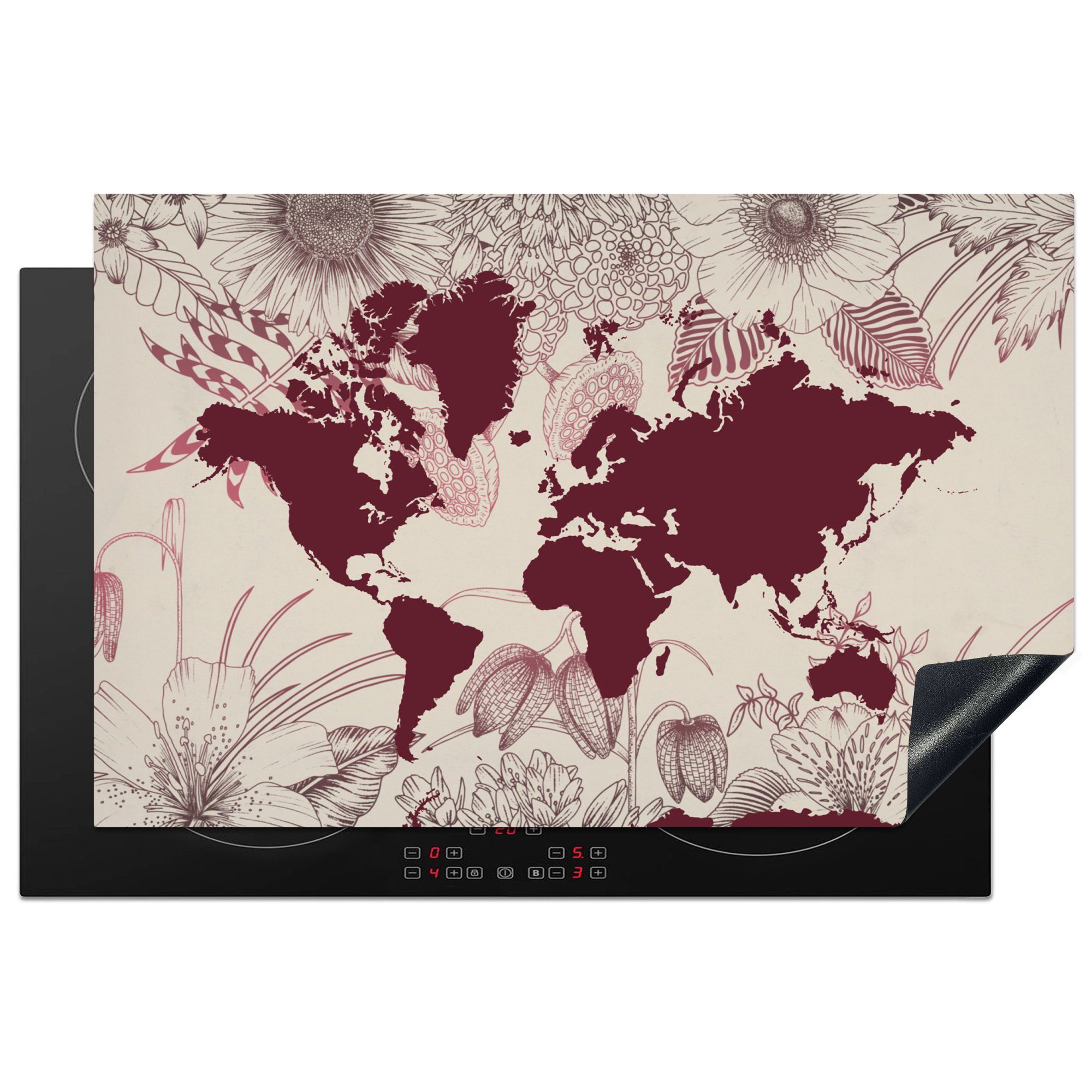 MuchoWow Herdblende-/Abdeckplatte küche, Weltkarte Schutz cm, tlg), - (1 81x52 für Vinyl, die Induktionskochfeld Rot - Ceranfeldabdeckung Blumen