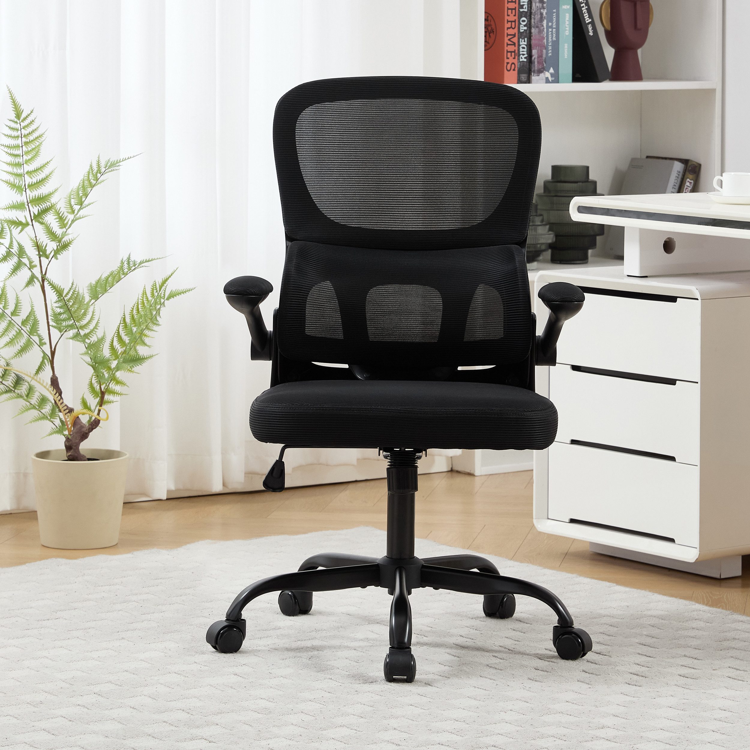 UEV Bürostuhl UEV Bürostuhl Ergonomisch Schwarz/Beige (Gaming-Stuhl, Drehstuhl, Schreibtischstuhl mesh mit Lendenwirbel), 90° hochklappbare Armlehne,bis 150 kg belastbar