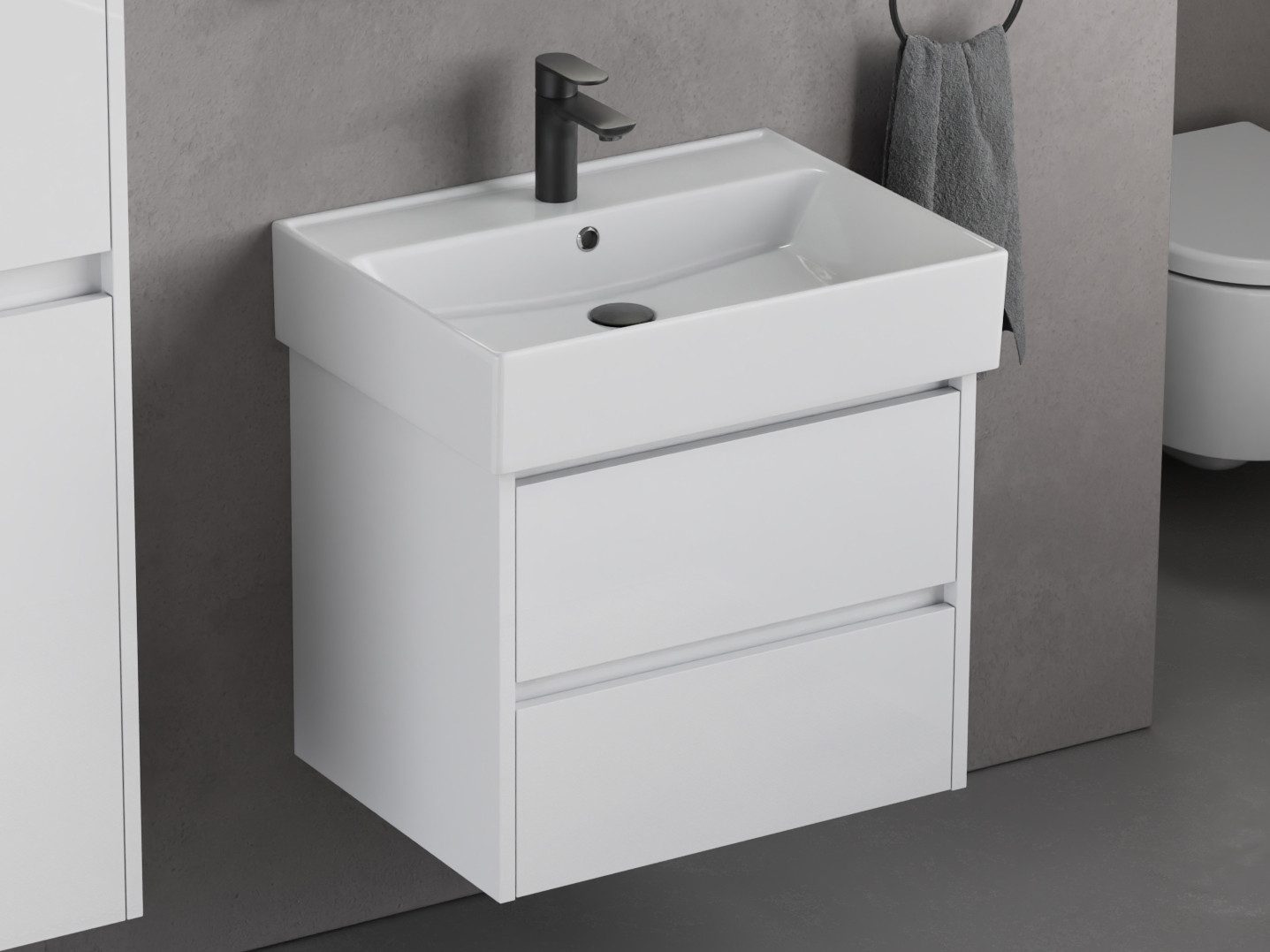 Aqua Bagno Badmöbel-Set mit Waschbecken, 60cm, Badschrank vormontiert, Keramik, (1-St., Unterschrank mit Möbelwaschtisch mit Überlauf), Zwei Vollauszugschubladen mit Softclose Funktion