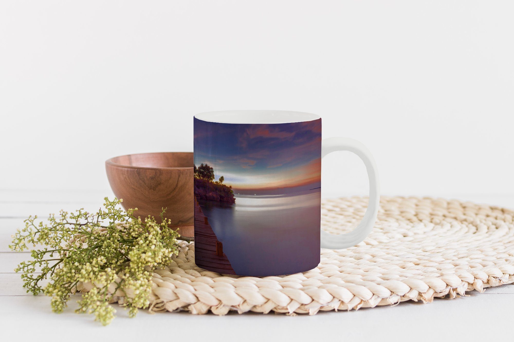 MuchoWow Tasse Sonnenuntergang - Brücke Teetasse, - Teetasse, Kaffeetassen, Wasser Bäume Insel, Becher, Keramik, - - Geschenk