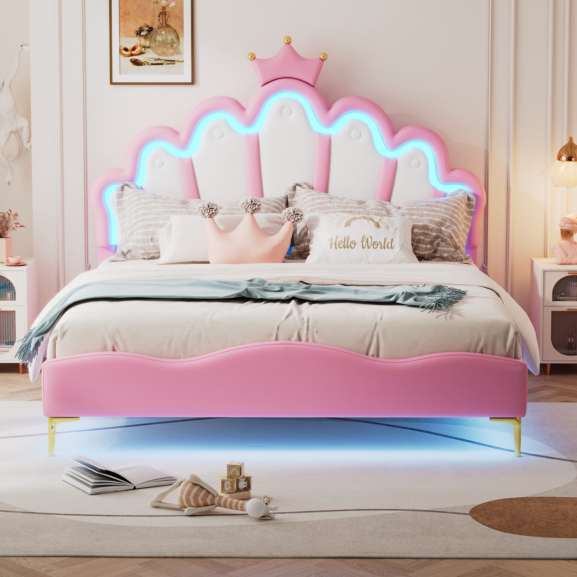 XDOVET Kinderbett 140*200cm Doppelbett, kronenförmiges Prinzessinnenbett, Polsterung aus PU-Leder, verstellbarer LED-Umlichtstreifen, Rosa