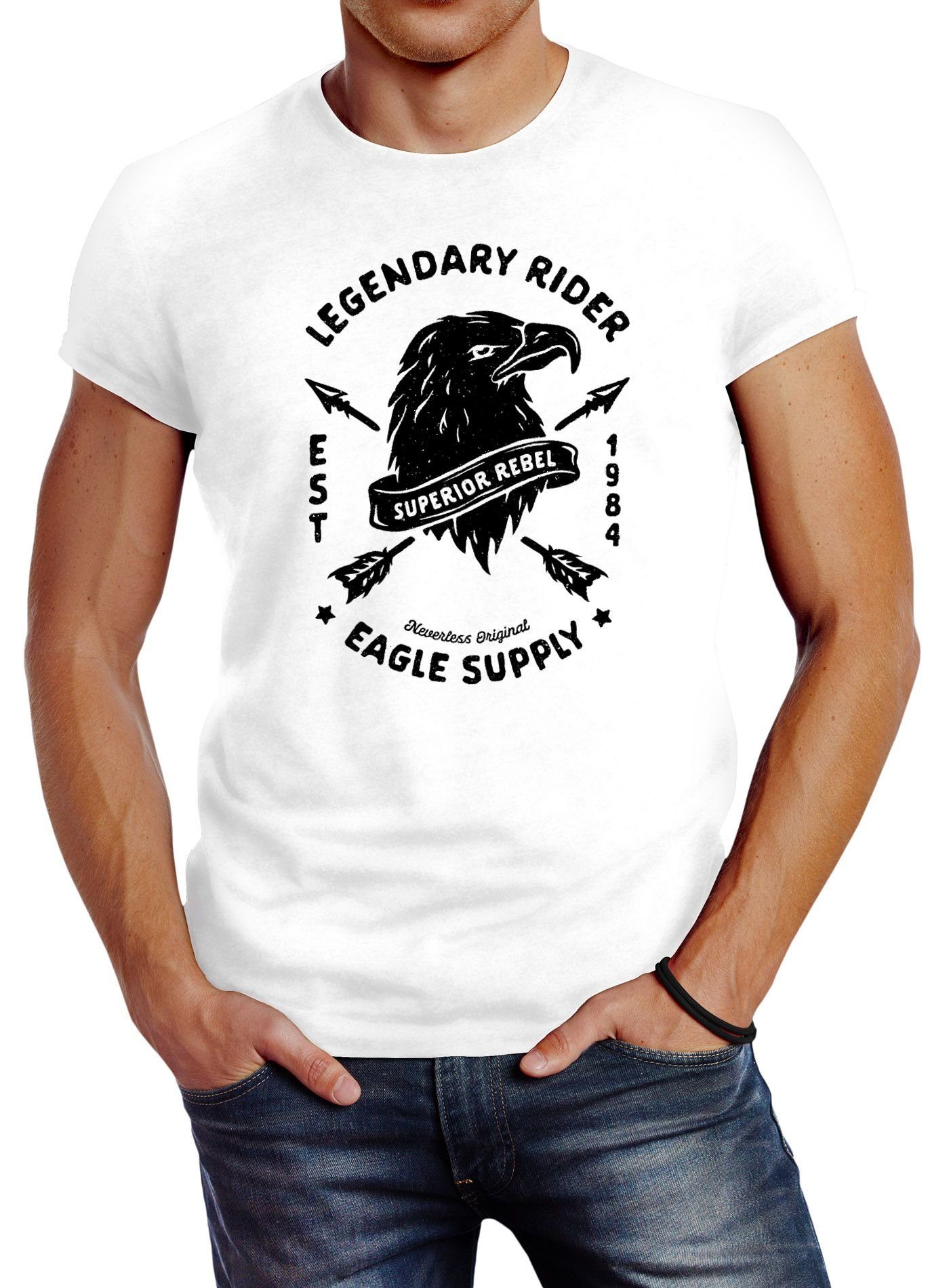 Neverless Print-Shirt Herren T-Shirt Legendary Rider Eagle Supply Aufdruck Slim Fit Neverless® mit Print weiß
