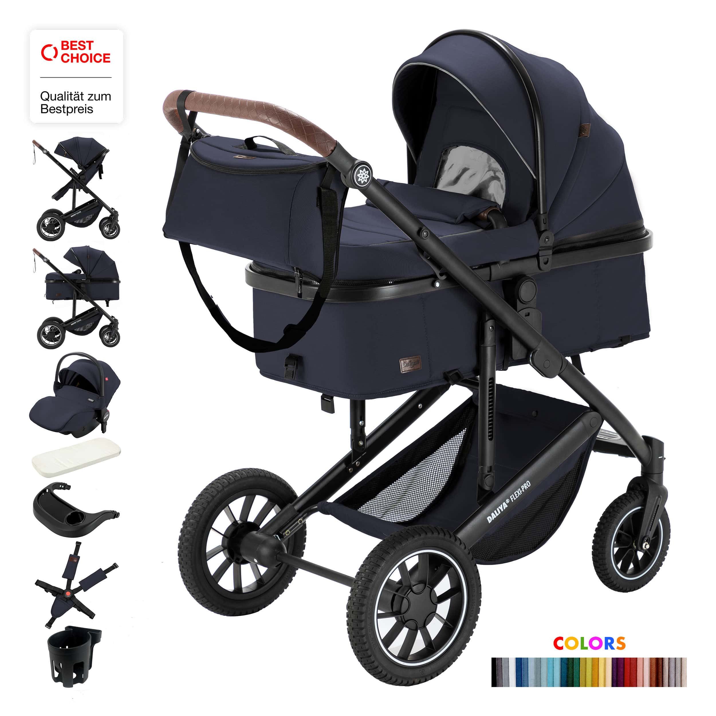 Daliya® Kombi-Kinderwagen FLEXI-PRO M 3in1 Kinderwagen & Buggy, Reisekinderwagen, XXL Set, (XXL-Set mit i-Size Babyschale, 13-tlg), Einhändig abnehmbare Wanne, i-Size Babyschale, Alu-Rahmen, Gummireifen