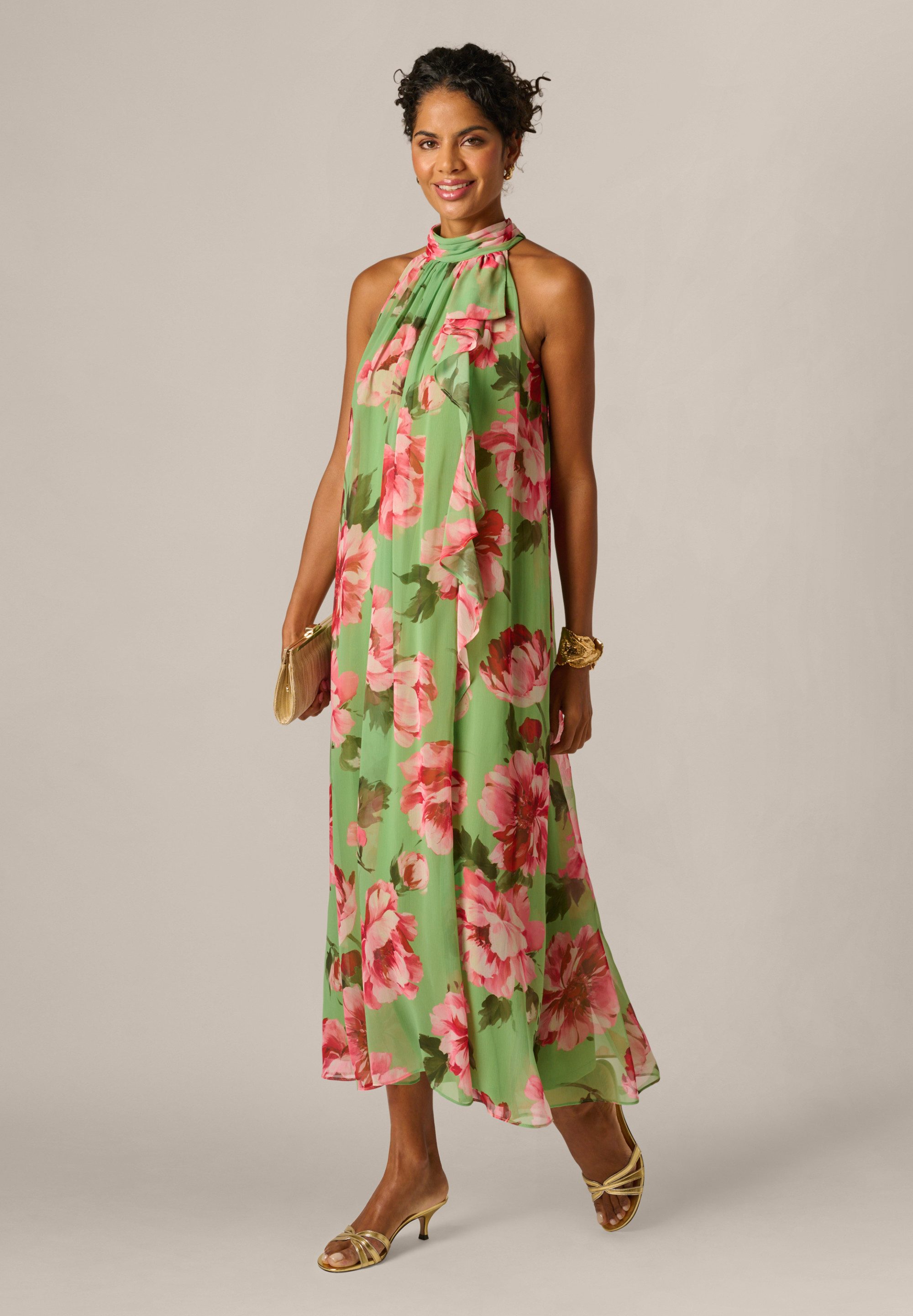 Adrianna Papell Maxikleid Print Halter Trapeze Luftiges und ausdrucksstarkes Neckholder-Kleid mit Blumenmuster