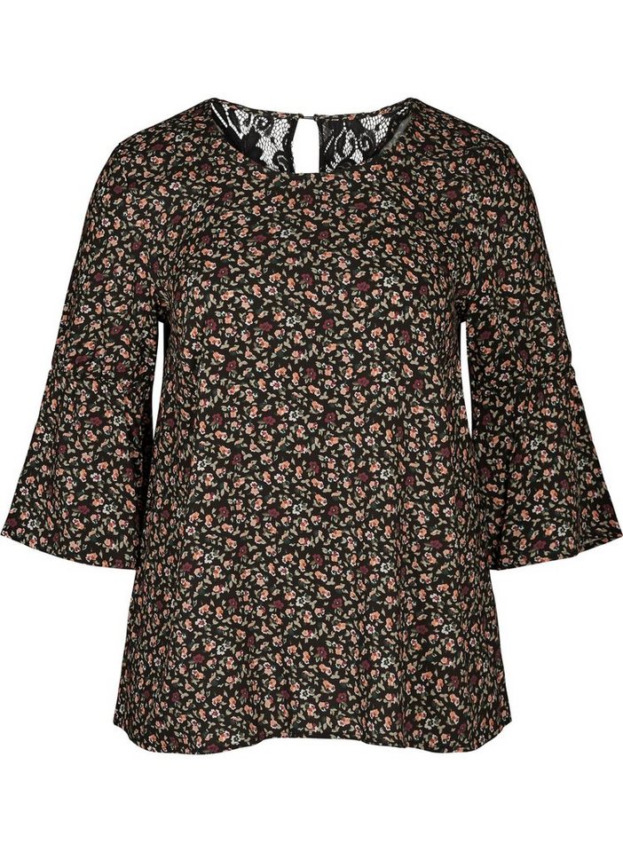 Zizzi Spitzenbluse Damen Große Größen Bluse Blumenmuster 3/4 Arm Trompetenärmel Zizzi Spitzenbluse Damen Große Größen Bluse Blumenmuster 3/4 Arm Trompetenärmel