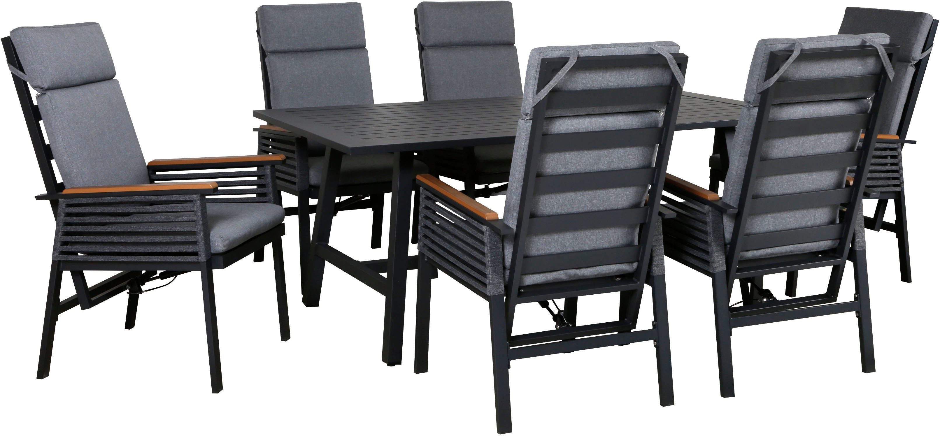 KONIFERA Garten-Essgruppe Edessa Komfort, (Set, 13-tlg., 6x Stuhl mit Rückenverstellung, 1x Tisch 180x97x74 cm, inkl. Auflagen), Tischplatte aus Alu-Lamellen,Armlehne mit Seilgeflecht&Noonwood-Latten