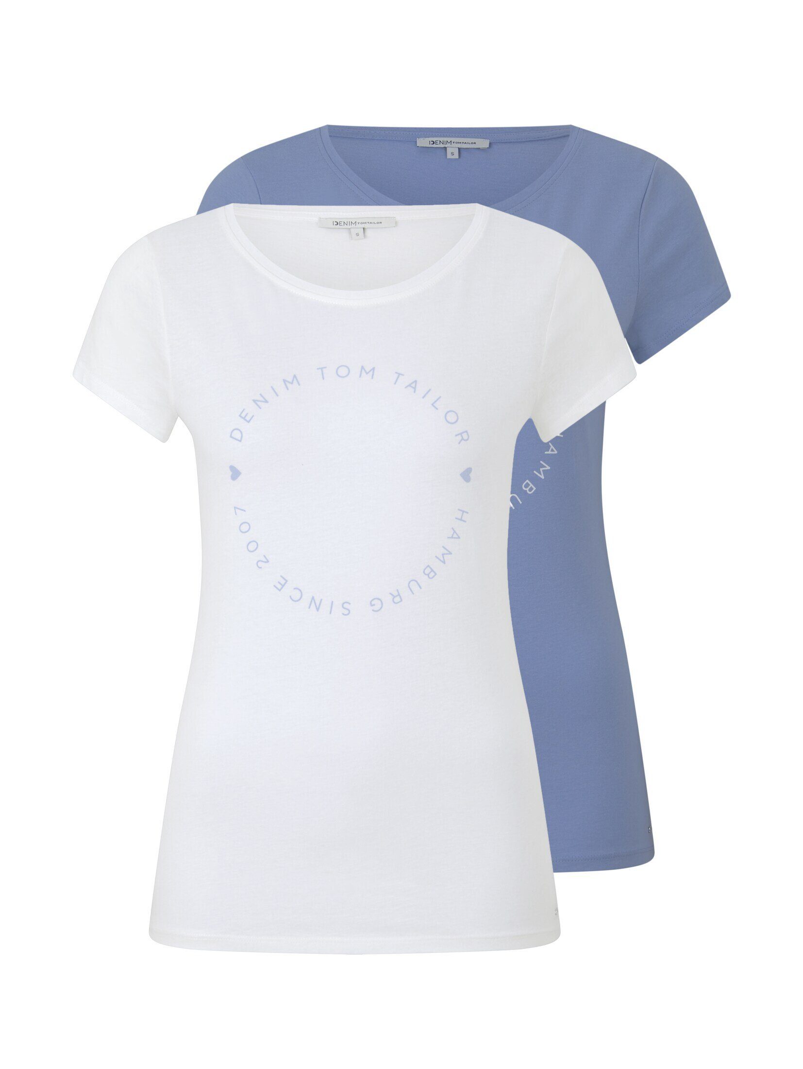 TAILOR Doppelpack) TOM Denim Basic im Logoprint (im Doppelpack Blue Langarmshirt T-Shirt mit Brunnera