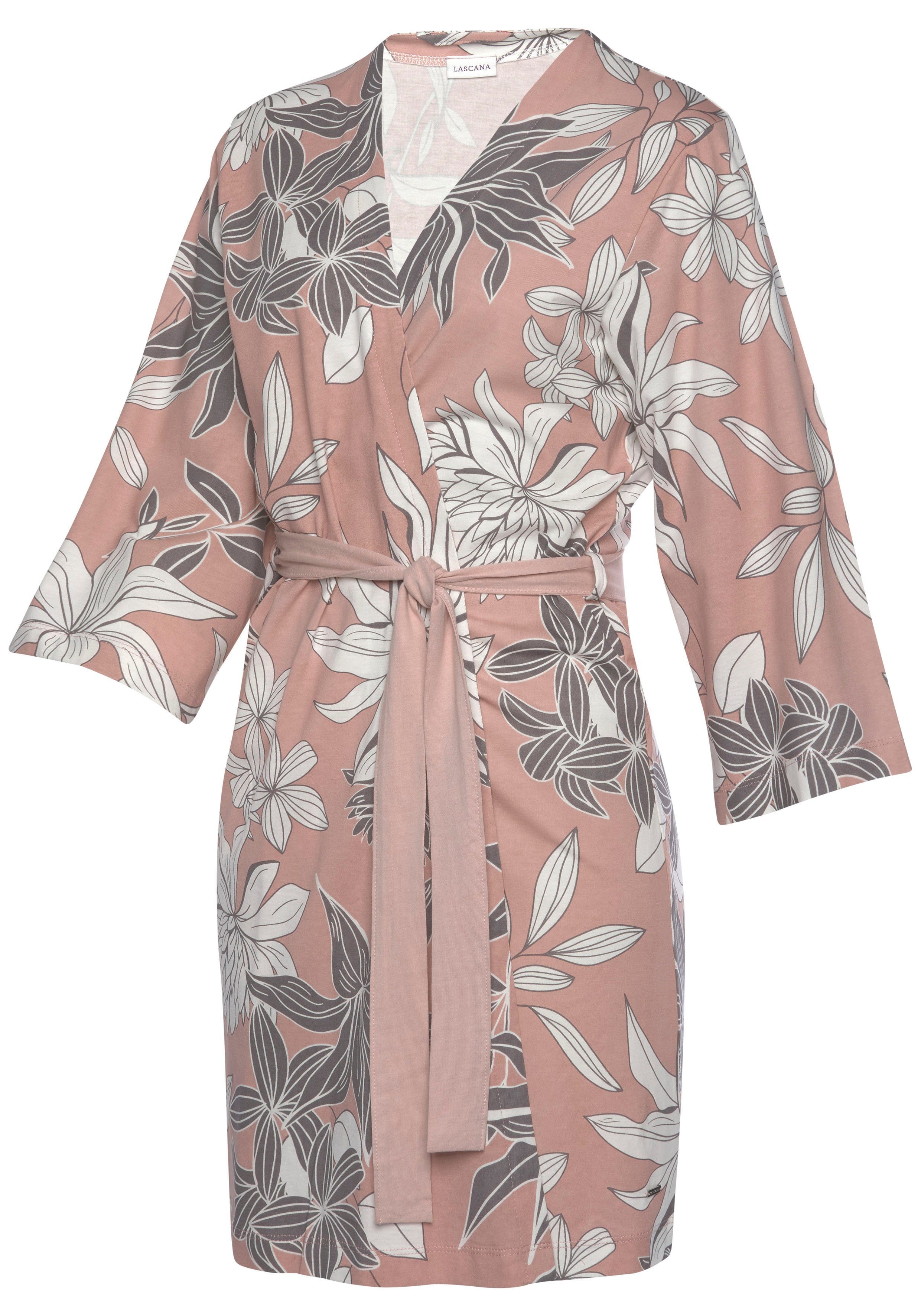 Kurzform, Druck Single-Jersey, Kimono, mit Gürtel, altrosa floralem Kimono-Kragen, LASCANA