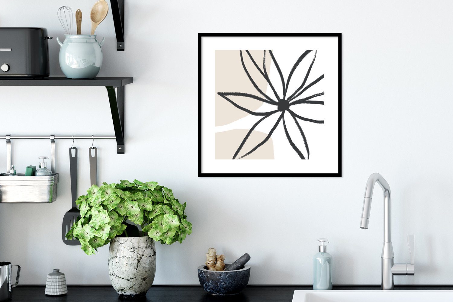 - Wandposter, Gerahmtes Poster Bilder, Bilderrahmen St), (1 MuchoWow Blumen Poster, Wanddeko, Pastell, - Minimalismus Schwarzem