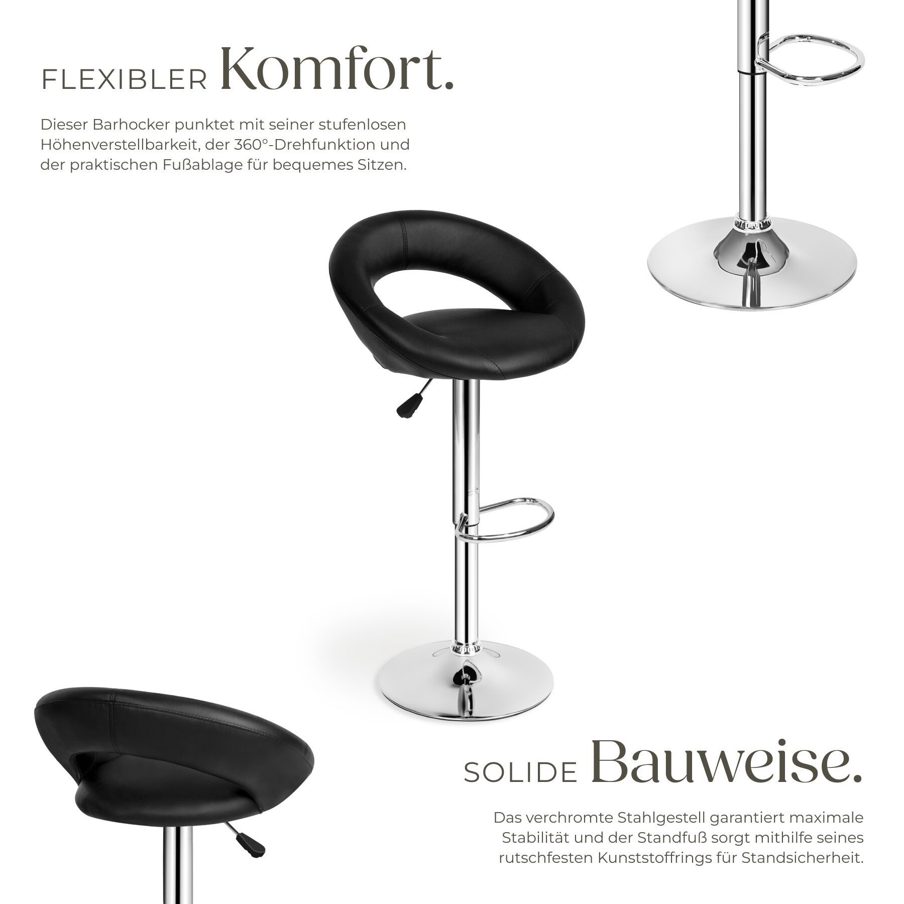 tectake Barhocker 2er Set Barstühle gepolstert mit Rückenlehne, Sitzhöhe 63 - 83 cm (Barstühle Christian, in schwarz), Bezug aus Kunstleder, drehbar und höhenverstellbar, mit Fußstütze