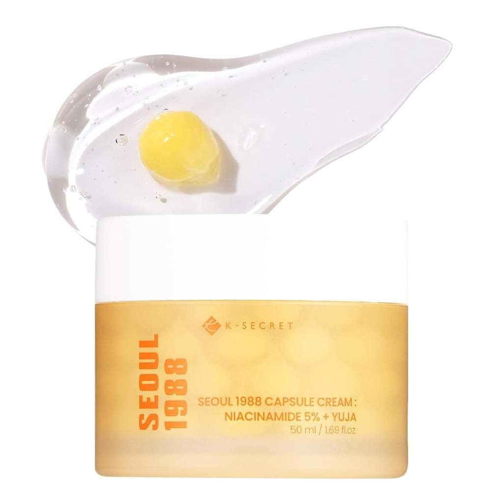 K-Secret Tagescreme Seoul 1988 Capsule Cream Niacinamide 5 % + Yuja 50 ml – Feuchtigkeitspflege mit Vitamin-C-Kapseln & Sanddornhydrolat –, Gelcreme für alle Hauttypen – Hautbild verfeinernd & antioxidativ