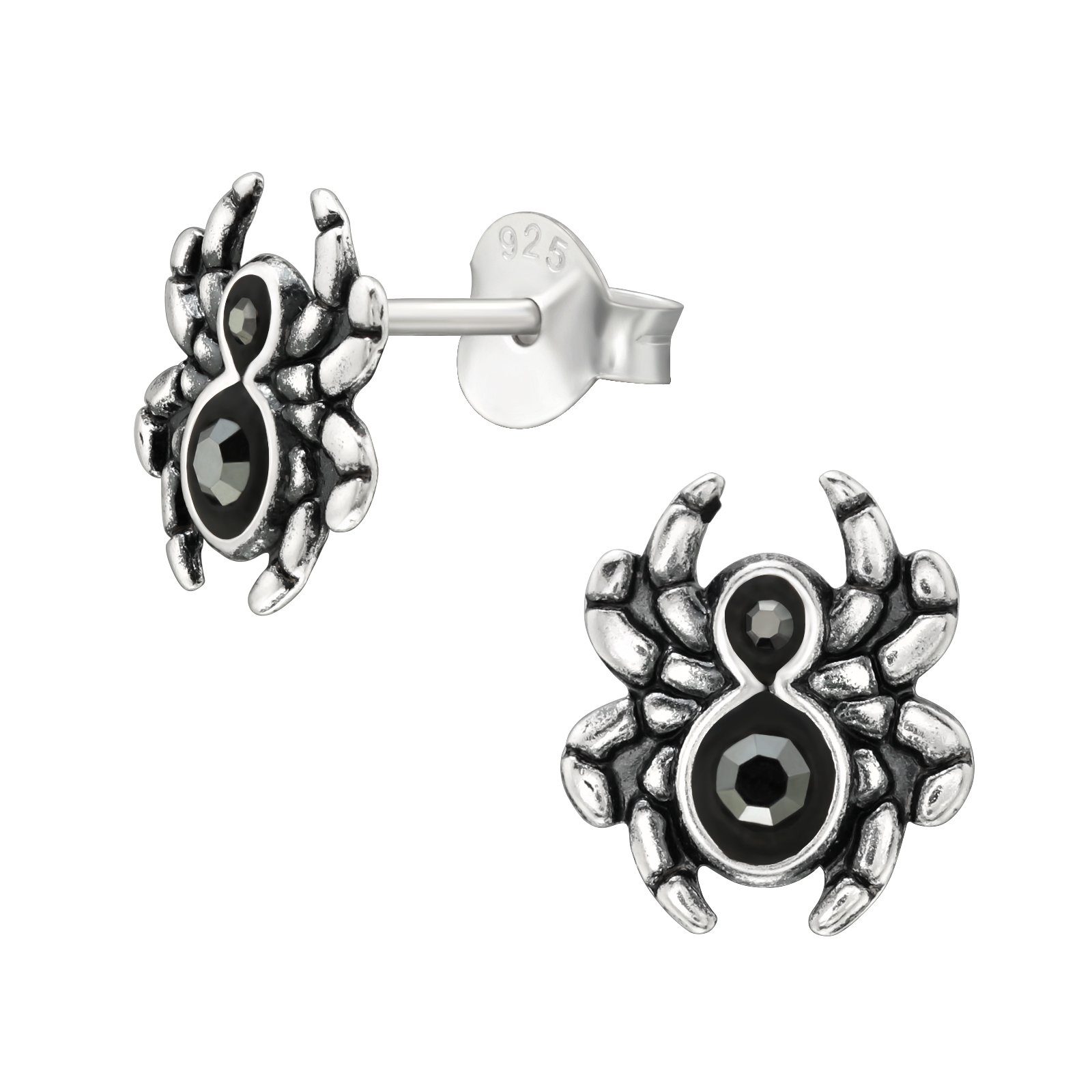 Verkaufspersonal BUNGSA Ohrring-Set Paar 925 2-tlg), (2 Stück), Spinnen- Damen (1 Ohrschmuck Silber metallic-schwarzen Kristallen mit Ohrringe Ohrstecker