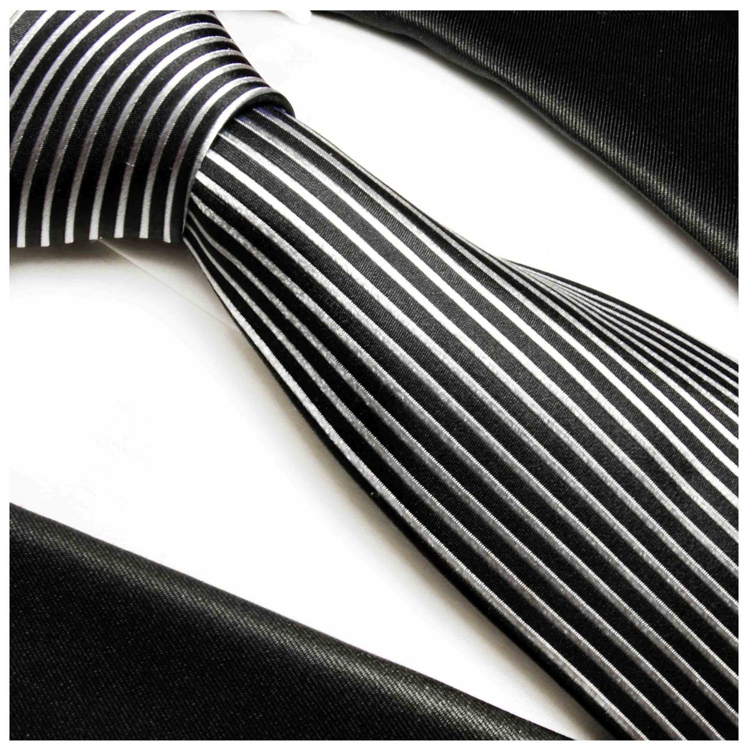 Paul Malone Krawatte Herren Seide längs 2-St., mit 408 gestreift Einstecktuch) 100% (8cm), Krawatte schwarz silber modern (Set, Breit Seidenkrawatte Tuch mit