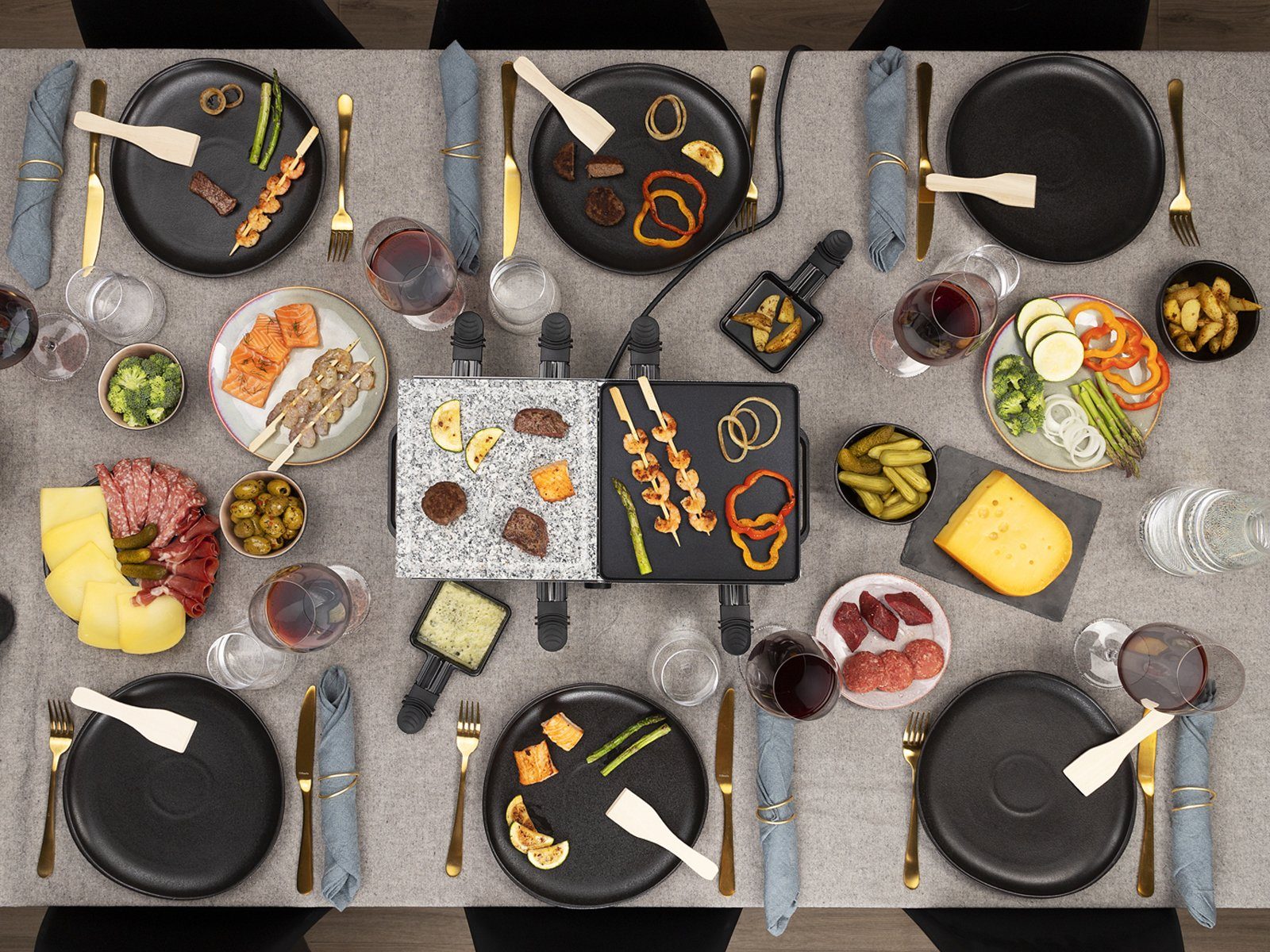 PRINCESS Raclette, 8 Raclettepfännchen, 5in1 Gerät für 2-8 Personen Tischgrill Grill- & Steinplatte Steingrill