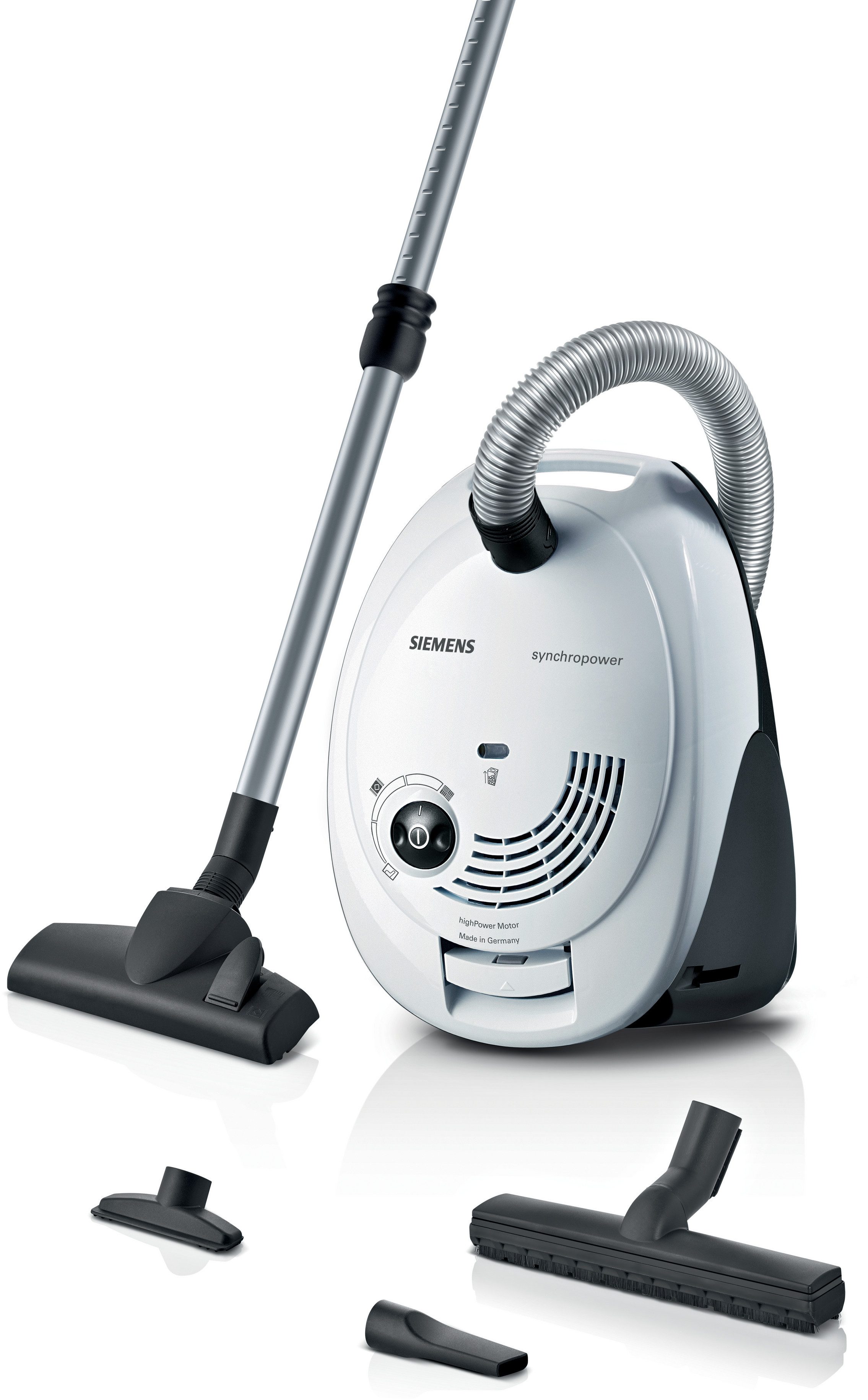 SIEMENS Bodenstaubsauger VS06WH1T, Made in Germany, Hygiene-Filter, kompakt, leicht, 850 W, mit Beutel, hohe Saugkraft, spezielle Hartbodendüse, integriertes Zubehör, weiß