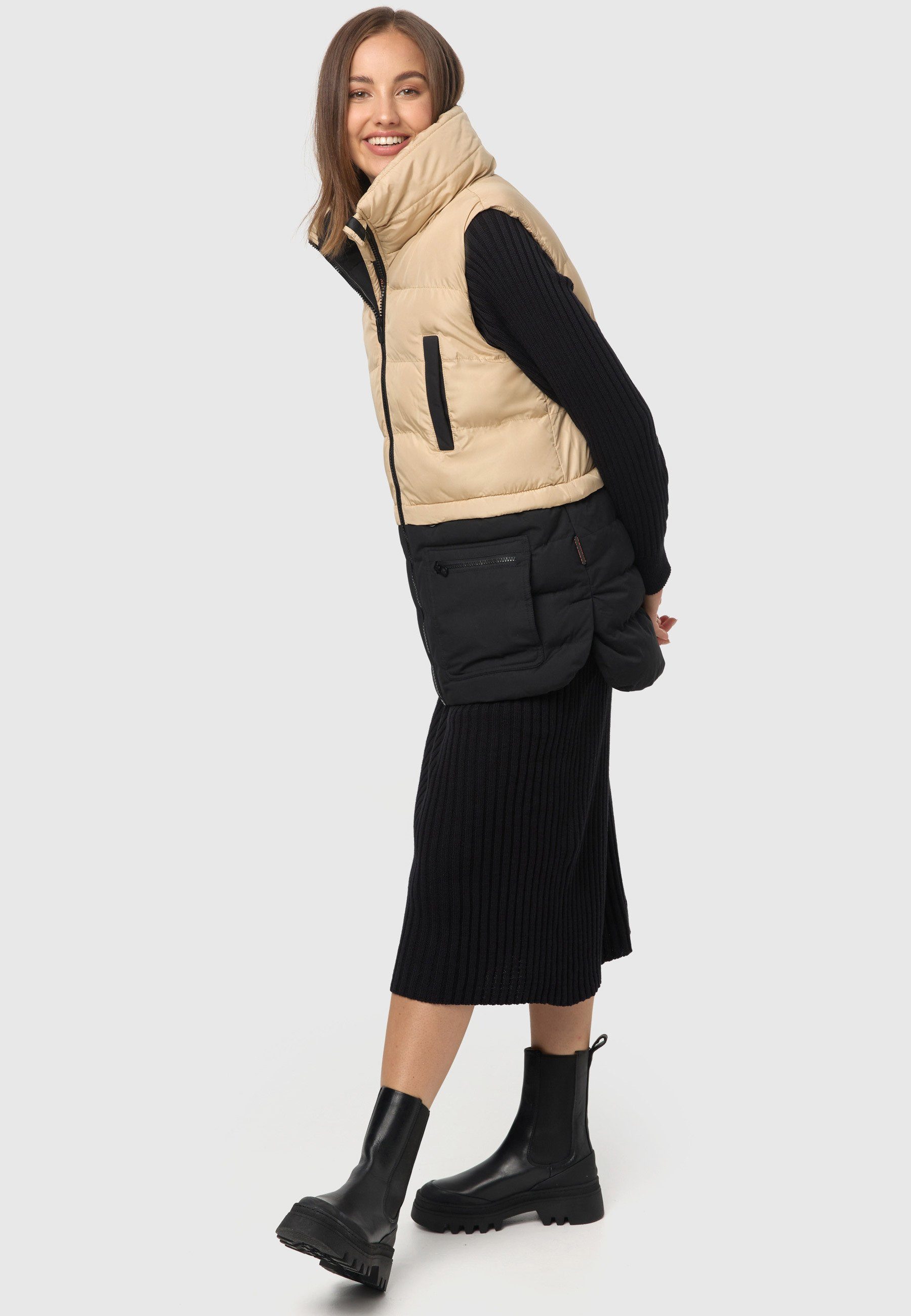 Marikoo Steppweste Beige-Schwarz Kiraraa schönem mit Steppdesign