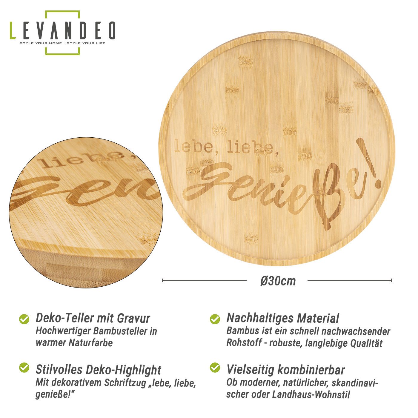 Levandeo® Dekoteller Teller Ø30cm Bambus Holz Spruch Bambusteller Tischdeko Dekoteller Abla