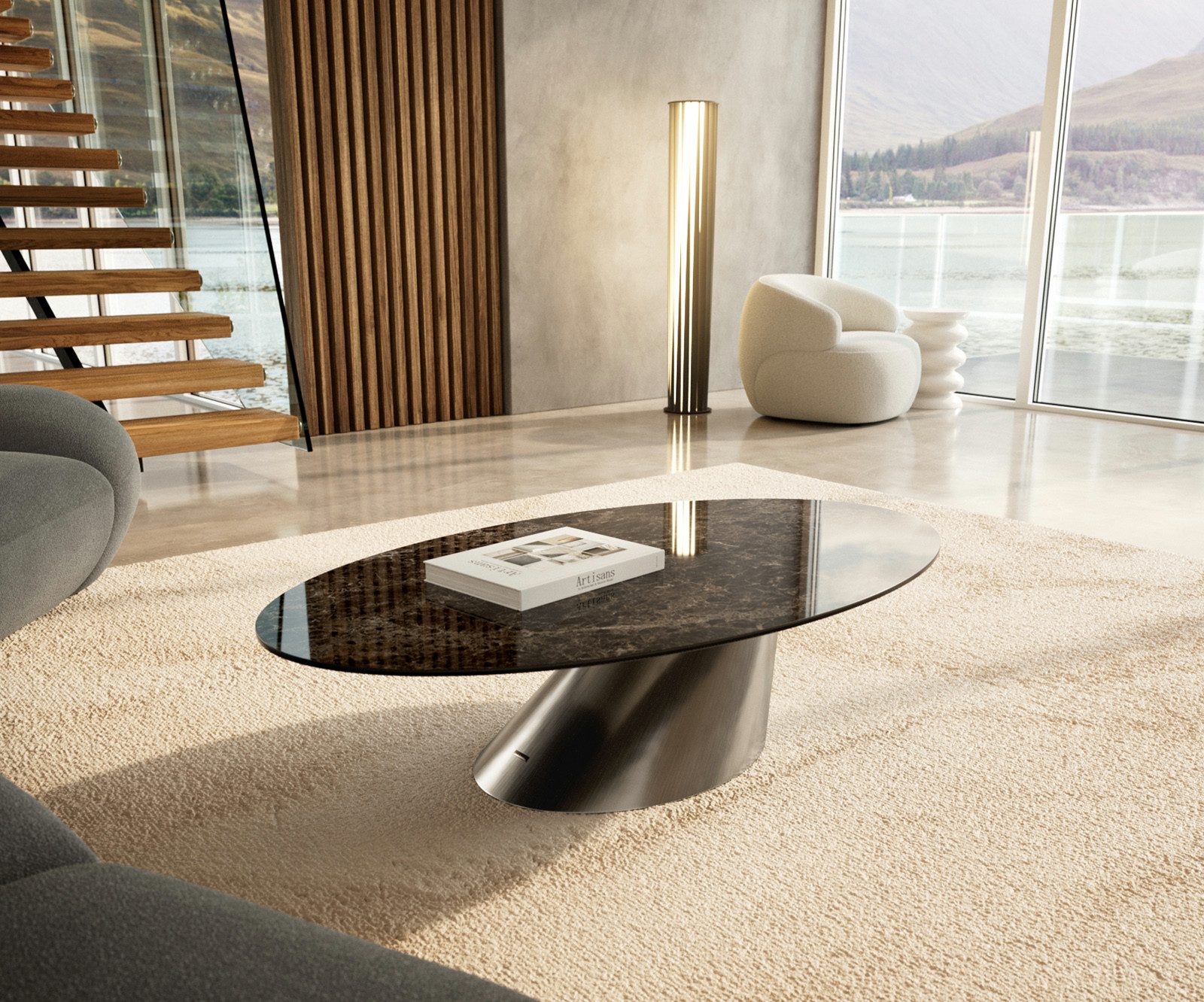 DELIFE Couchtisch Edge, Oval 140x80 cm Keramik Emperador Extra Lucidato Dunkelbraun Conis Edel