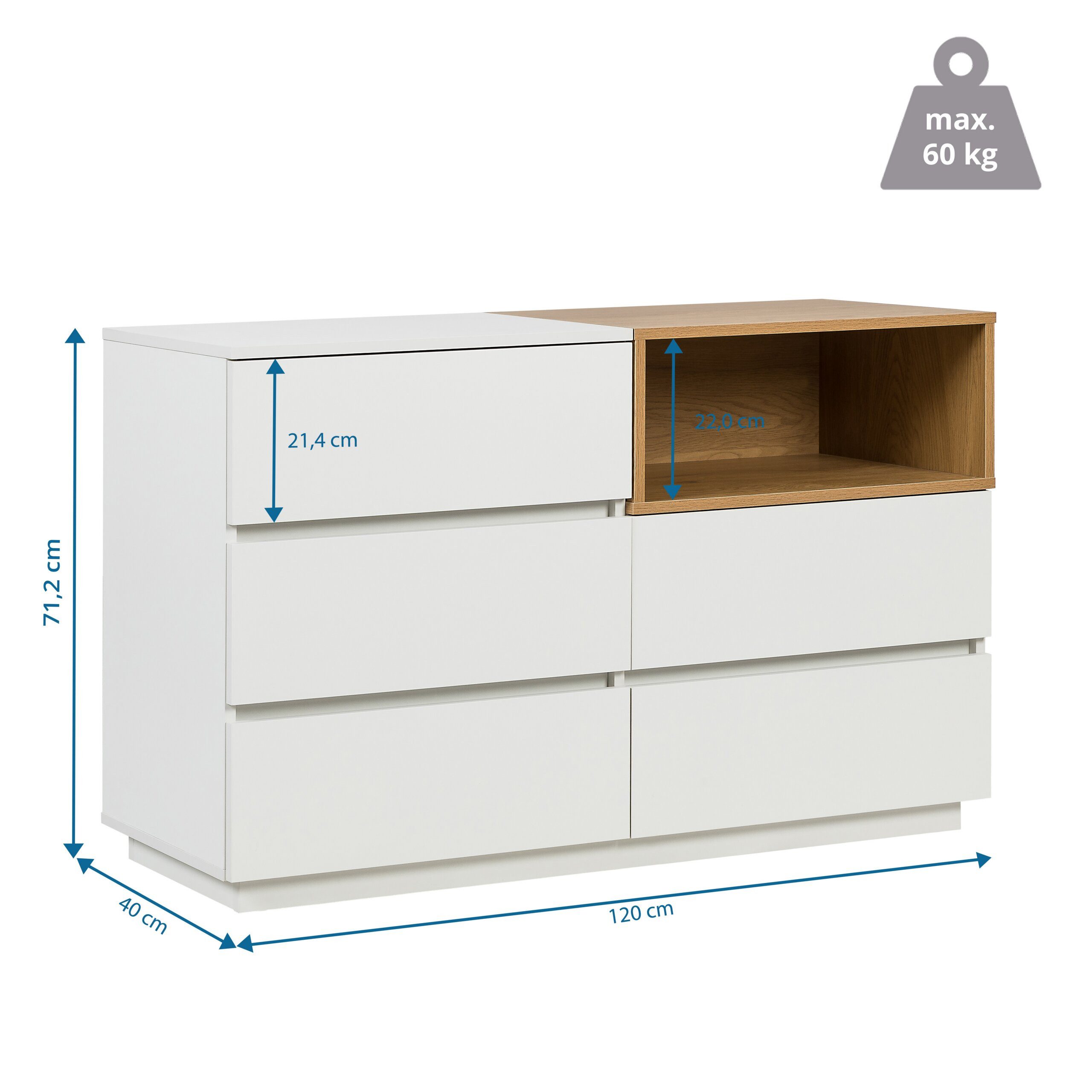 hjh LIVING Sideboard MELMO S Kommode H/B/T: 76.0 x 120.0 x 40.0 cm, Kommode mit fünf Schubladen und einem offenen Fach, griffloses Design
