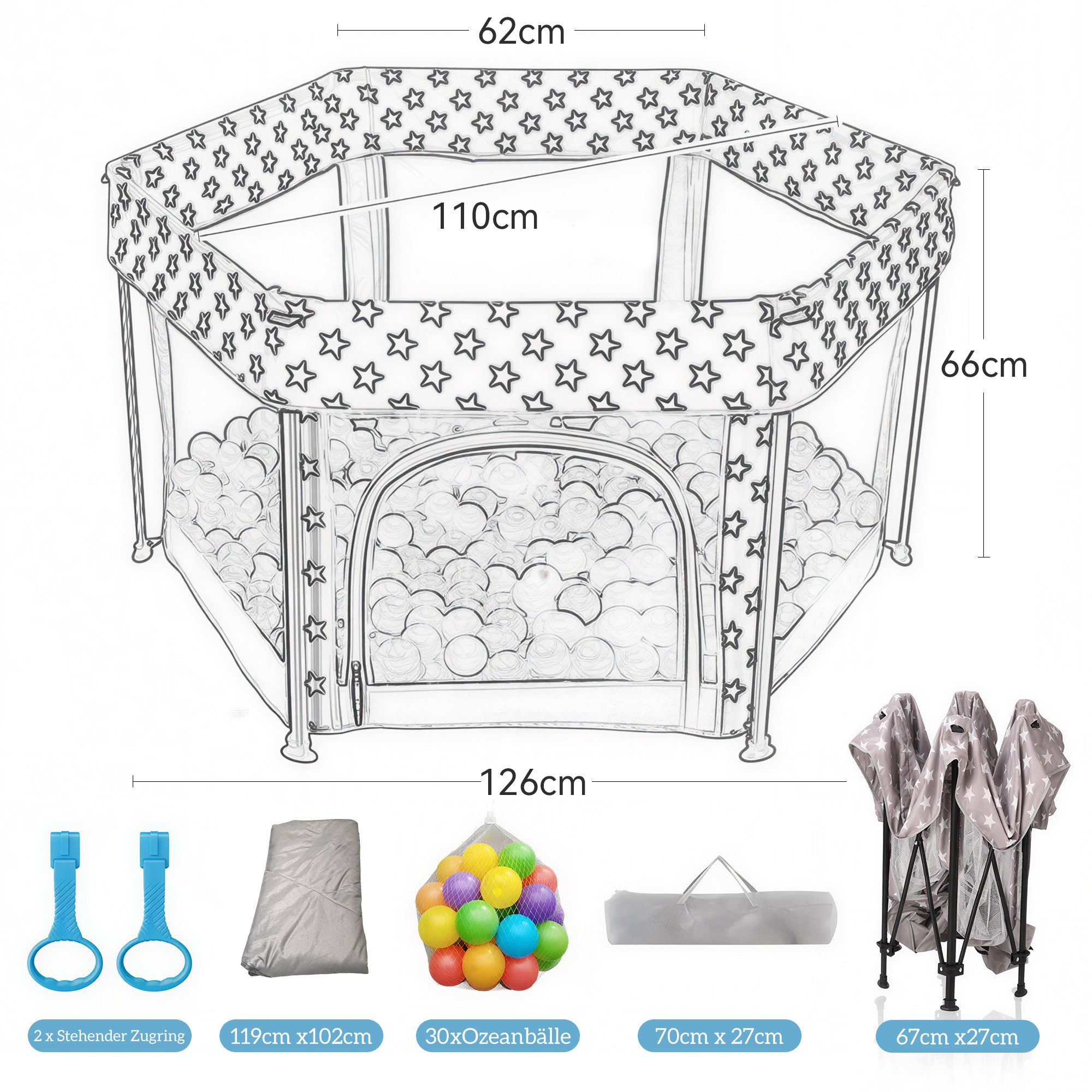 SEHAUSEU Laufgitter Laufstall baby zusammenfaltbar Krabbelgitter mit Spielmatte, mit Ozeanbällen, Tragetasche, Stehender Zugring