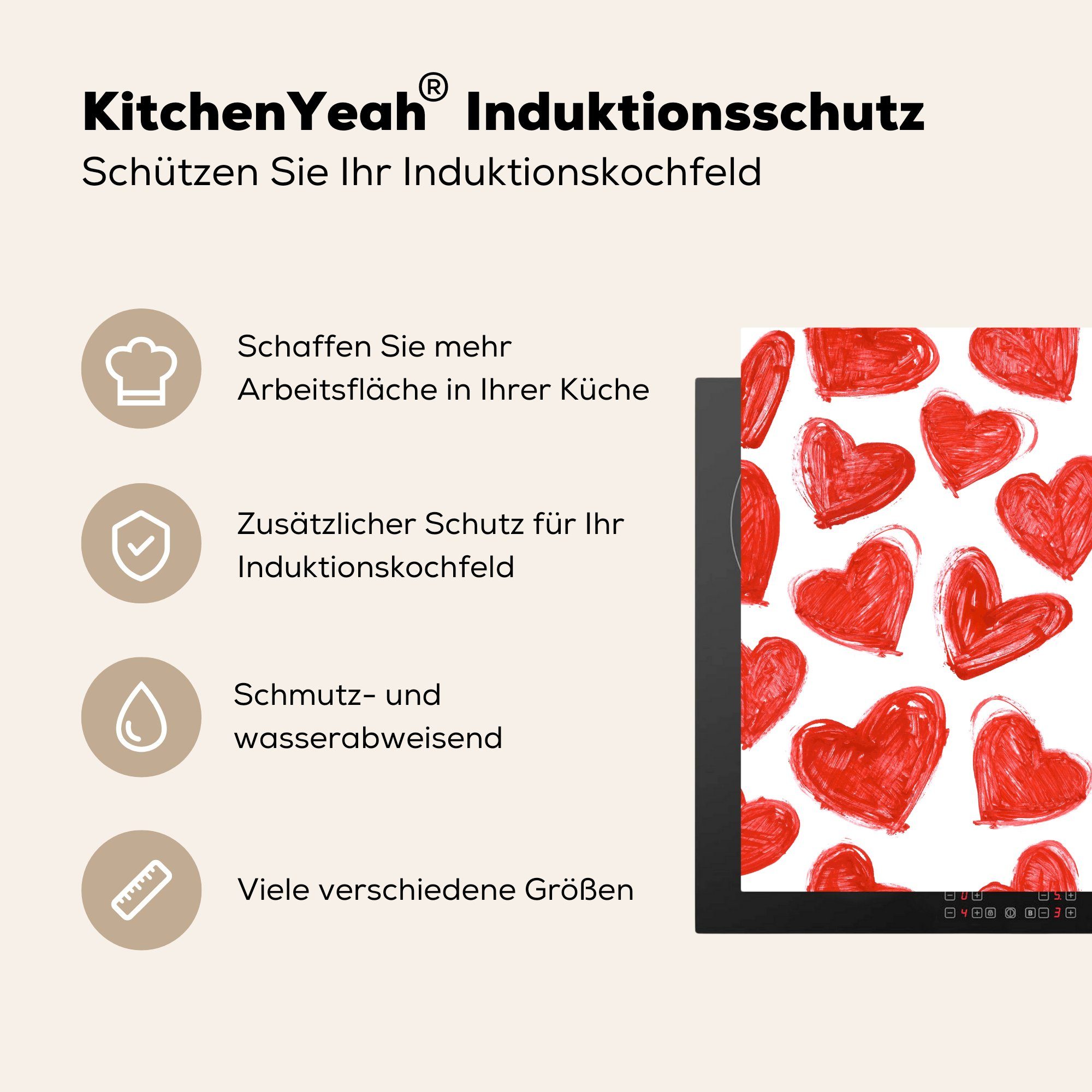 MuchoWow Herdblende-/Abdeckplatte Herz Arbeitsplatte Muster, Ceranfeldabdeckung, - (1 Vinyl, für - Rot tlg), 78x78 cm, küche