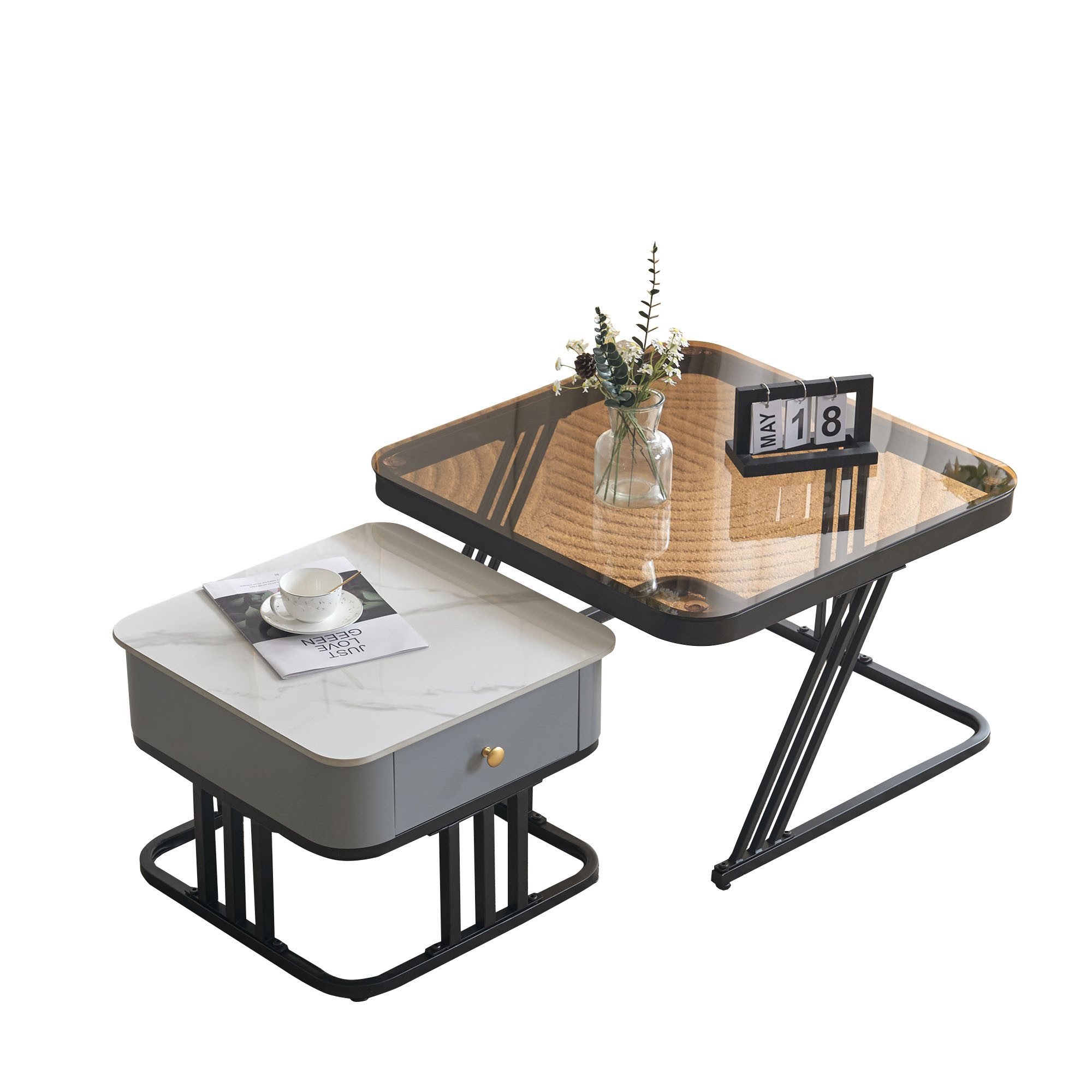 OKWISH Couchtisch (mit Glasplatte und Metallrahmen, 2-St), Quadrat Beistelltisch mit Mamor-Tischplatte und Schublade, Satztisch